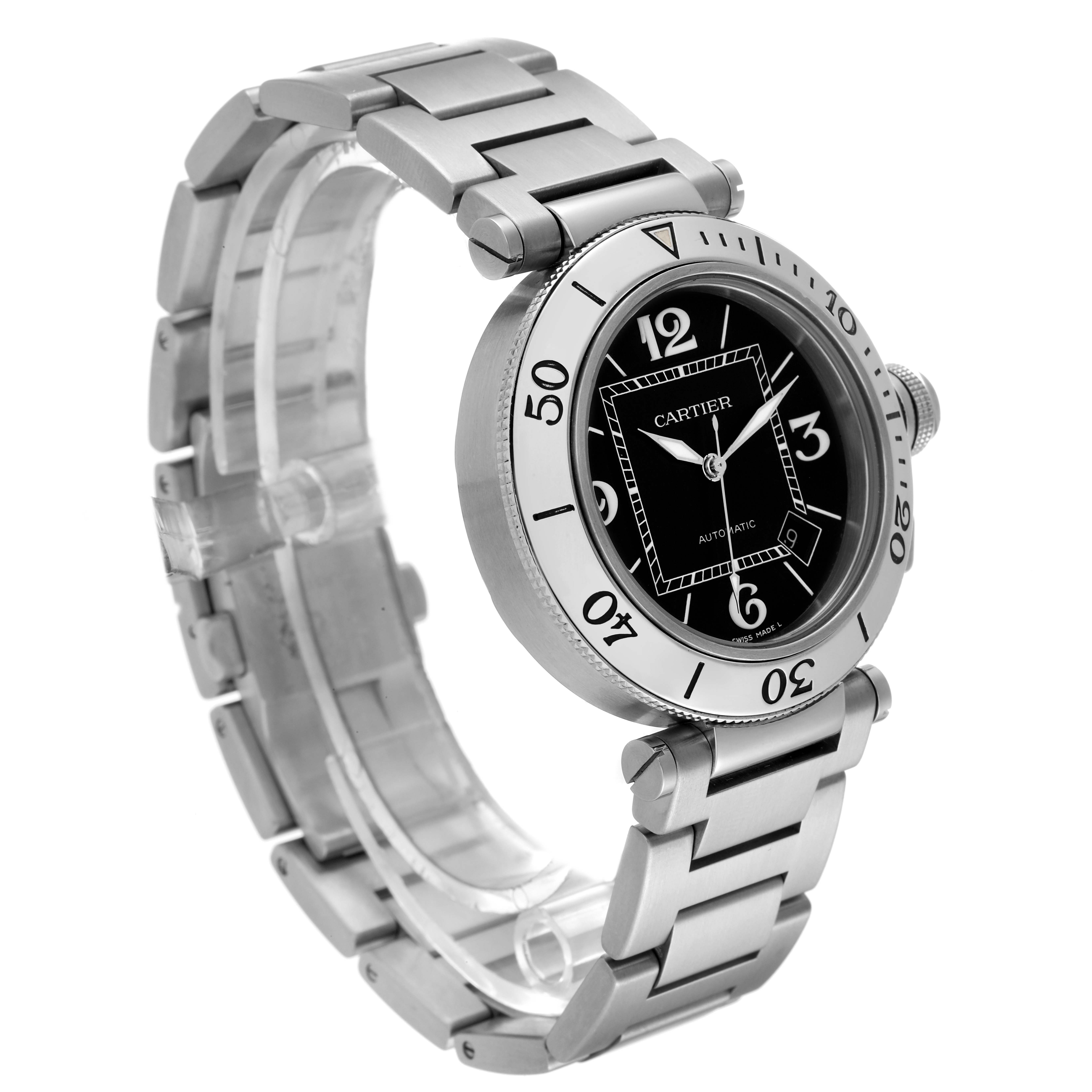 The image shows a Cartier Pasha W31077M7 Men
s Stainless Steel Black Dial W31077M7 Men
s Stainless Steel Black Dial watch from a three-quarter angle, highlighting its face, bezel, and bracelet.