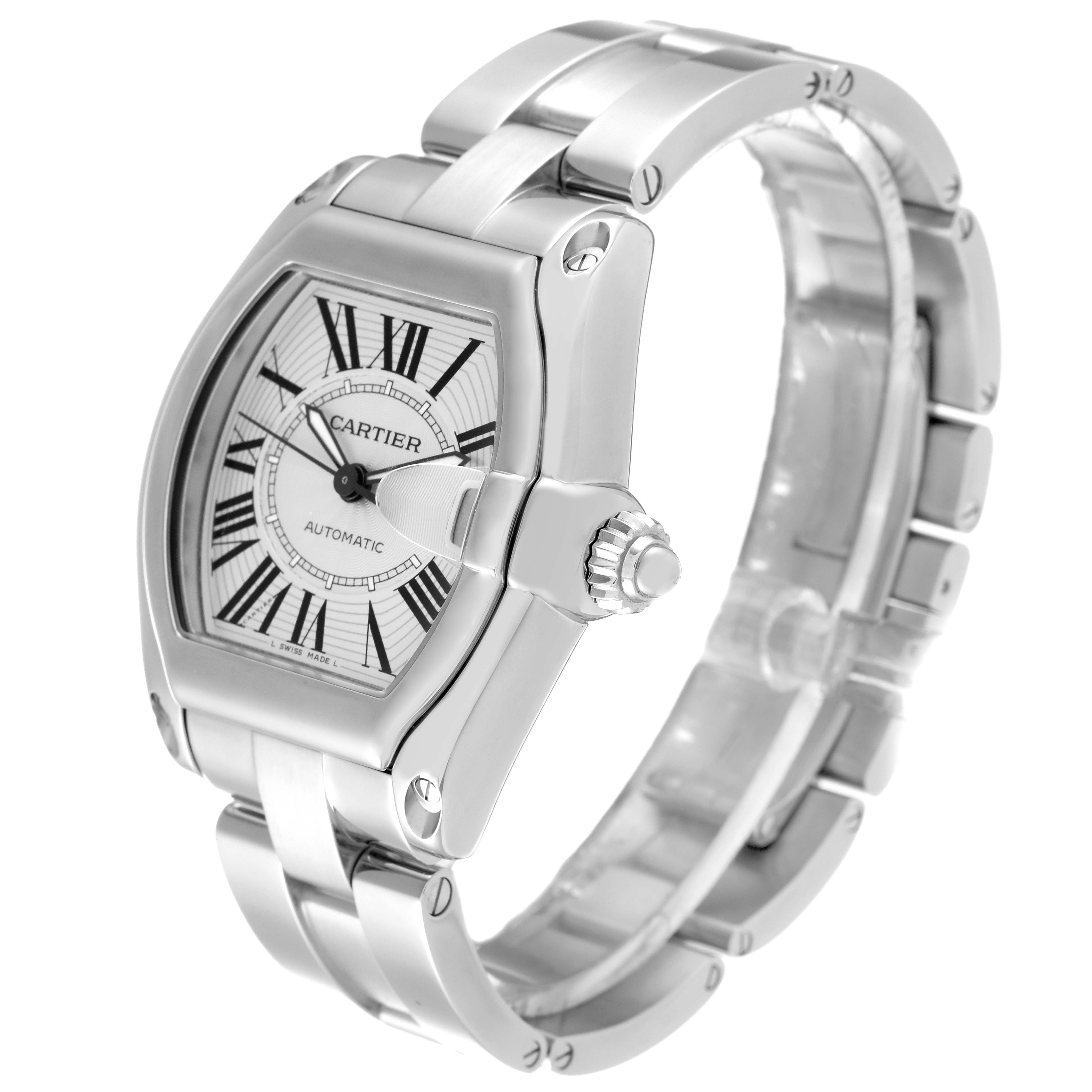 The image shows a frontal angled view of a Cartier Roadster W62025V3 Men's Stainless Steel Silver Dial W62025V3 Men's Stainless Steel Silver Dial watch, highlighting its face, bezel, and stainless steel bracelet.