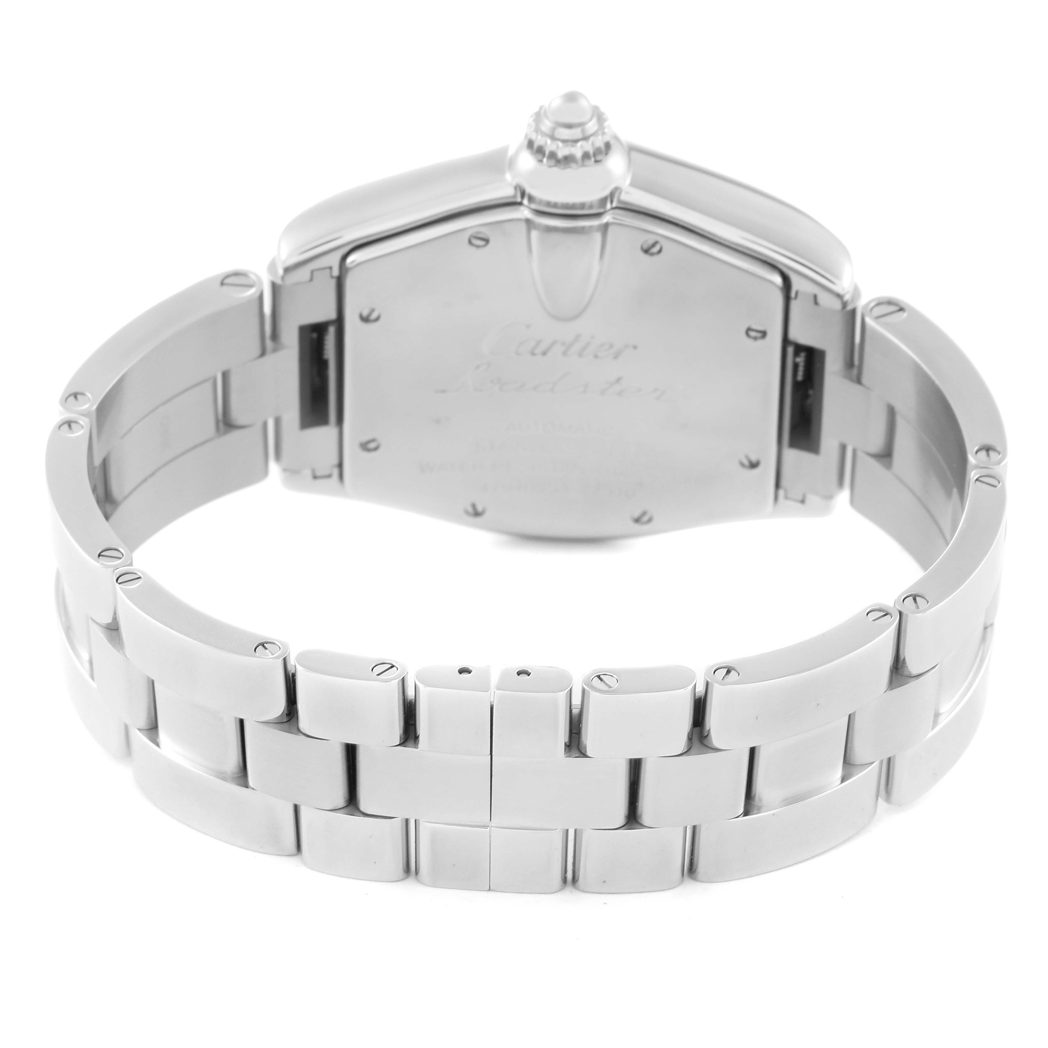 The image shows the back view of a Cartier Roadster W62025V3 Men's Stainless Steel Silver Dial W62025V3 Men's Stainless Steel Silver Dial watch, highlighting its polished metal bracelet and case back.