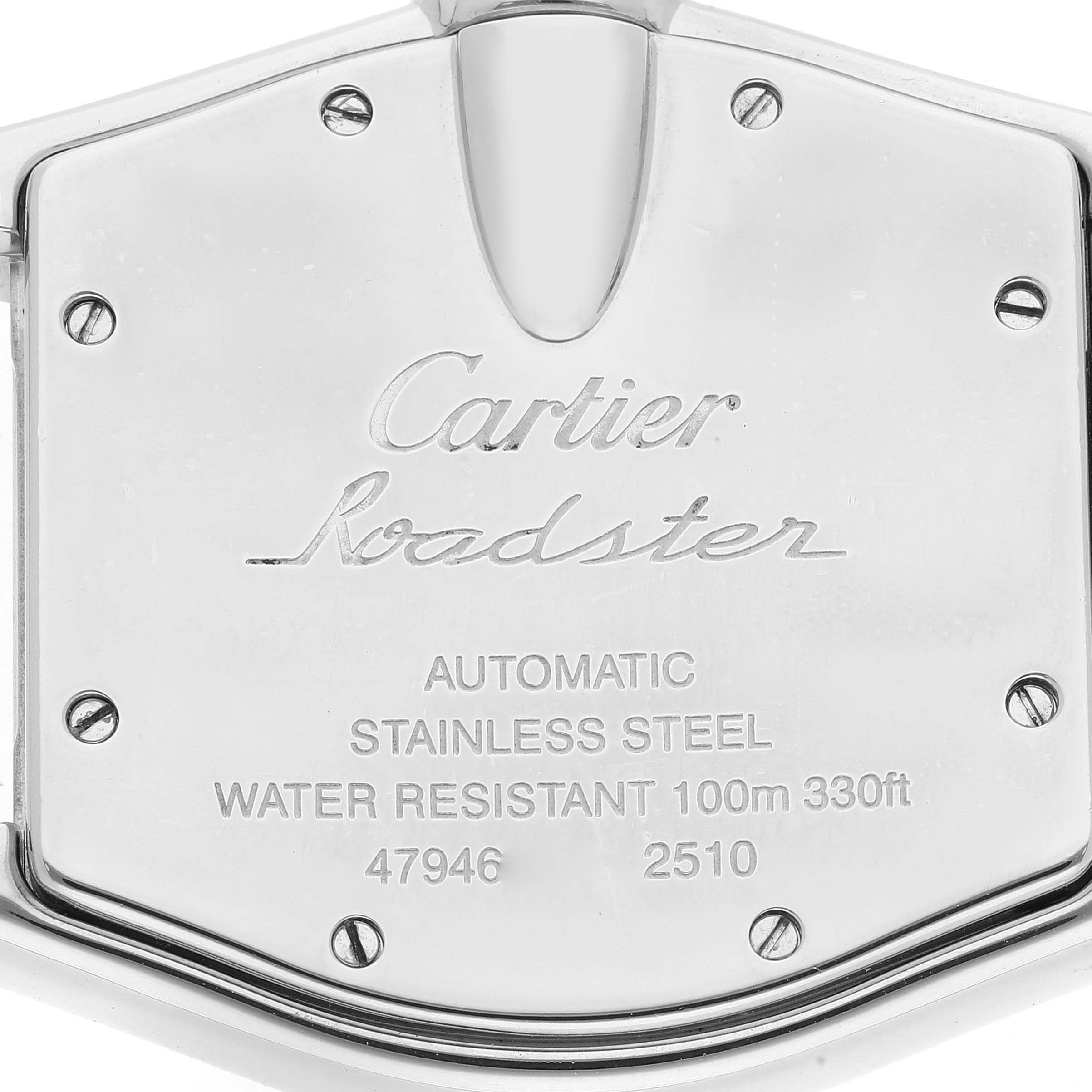 This image shows the back case of the Cartier Roadster W62025V3 Men's Stainless Steel Silver Dial W62025V3 Men's Stainless Steel Silver Dial watch, featuring engraved model details and branding.