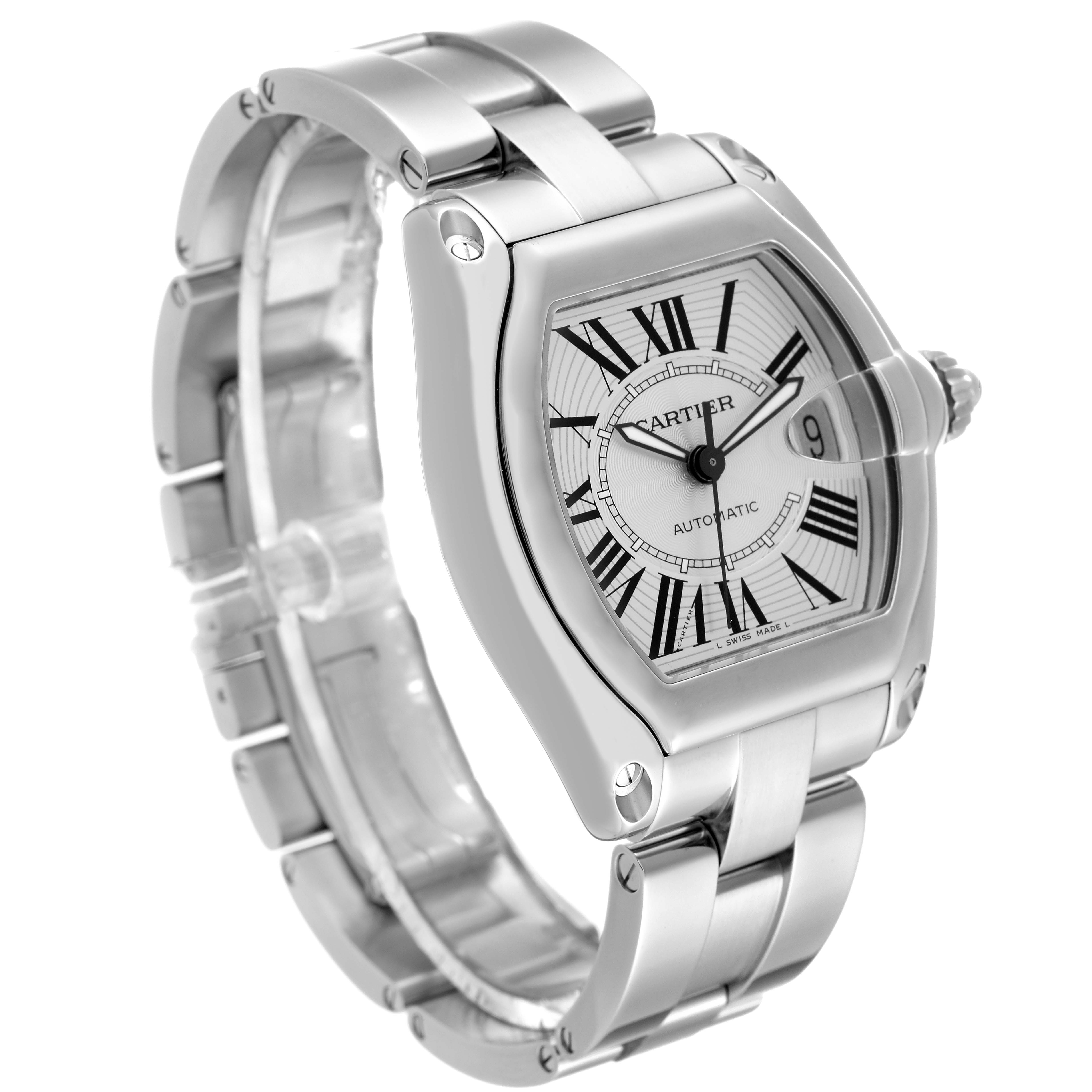 The image shows the Cartier Roadster W62025V3 Men's Stainless Steel Silver Dial W62025V3 Men's Stainless Steel Silver Dial watch at an angled view, highlighting its dial, case, and bracelet.