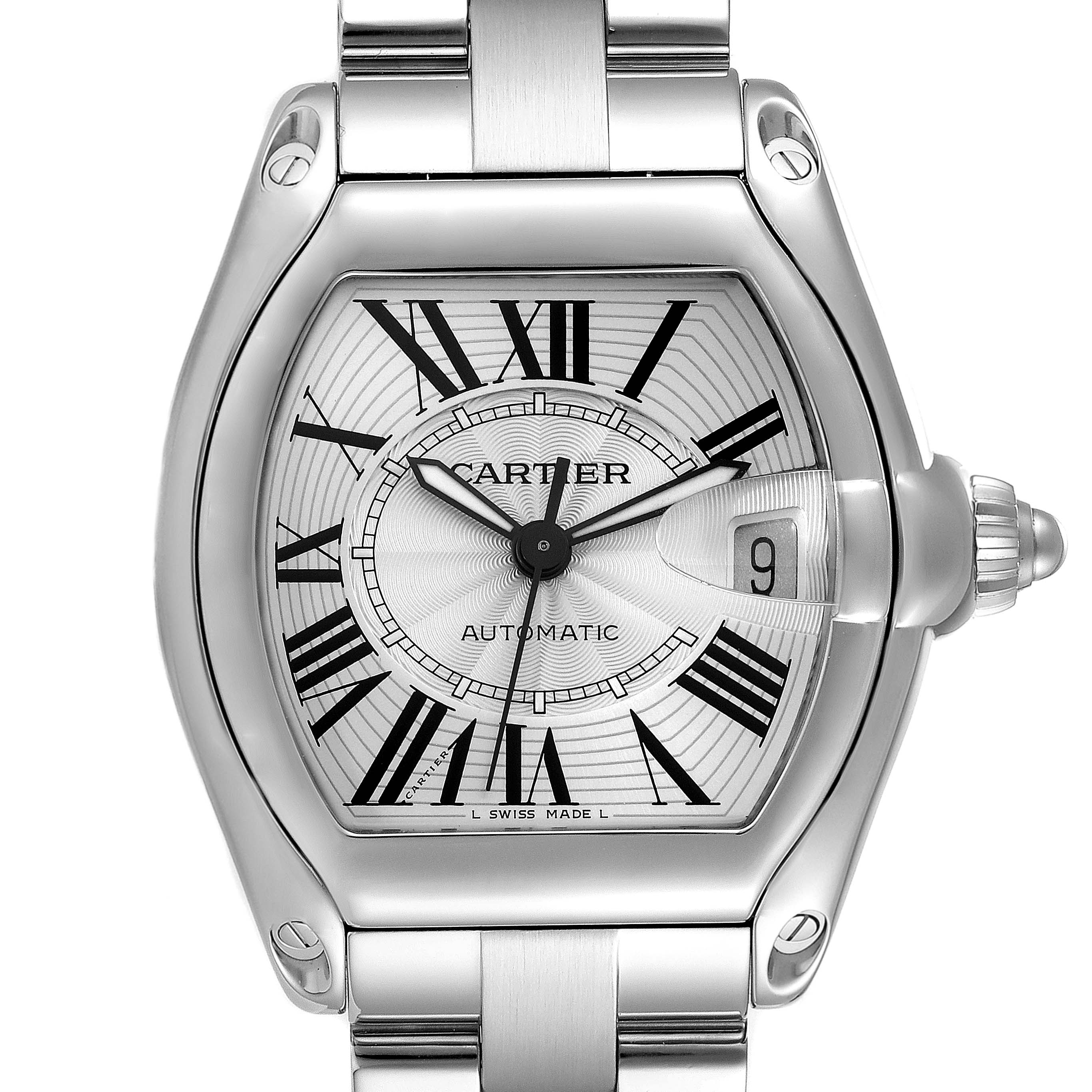 This is a close-up of the Cartier Roadster W62025V3 Men's Stainless Steel Silver Dial W62025V3 Men's Stainless Steel Silver Dial watch, clearly showing its dial, date display, and part of the bracelet.