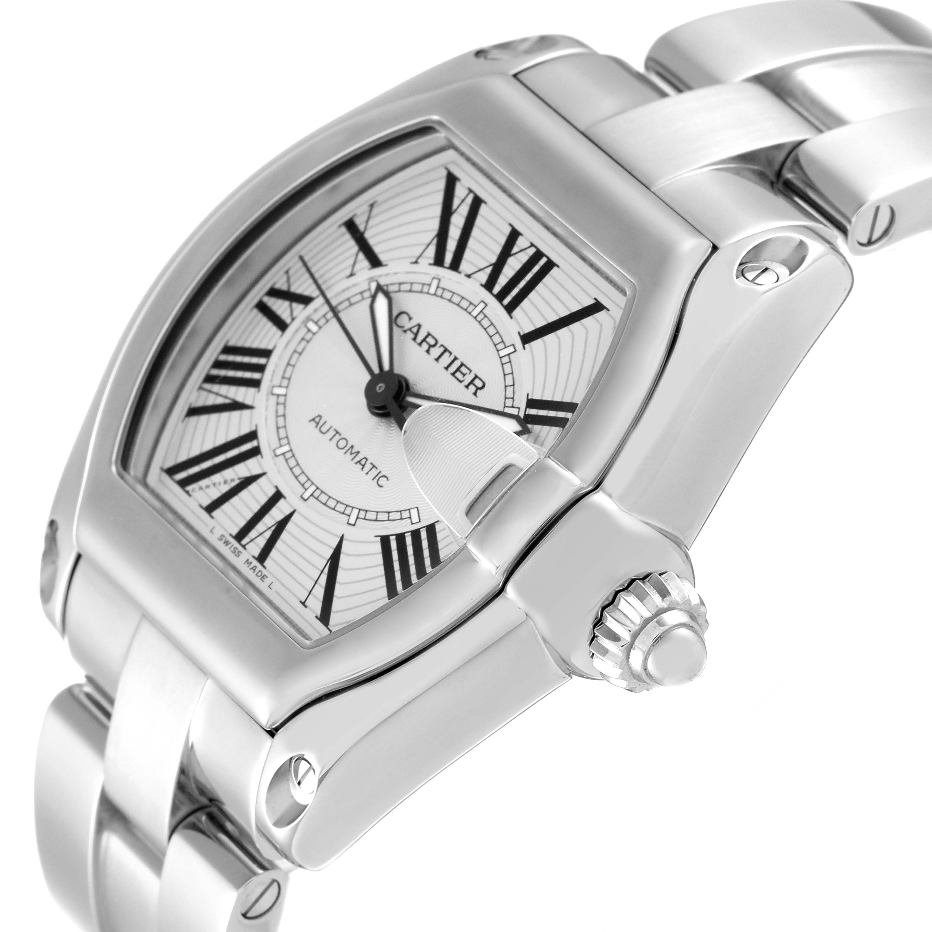 The image shows a Cartier Roadster W62025V3 Men's Stainless Steel Silver Dial W62025V3 Men's Stainless Steel Silver Dial watch at an angle highlighting its bezel, crown, and partial bracelet.
