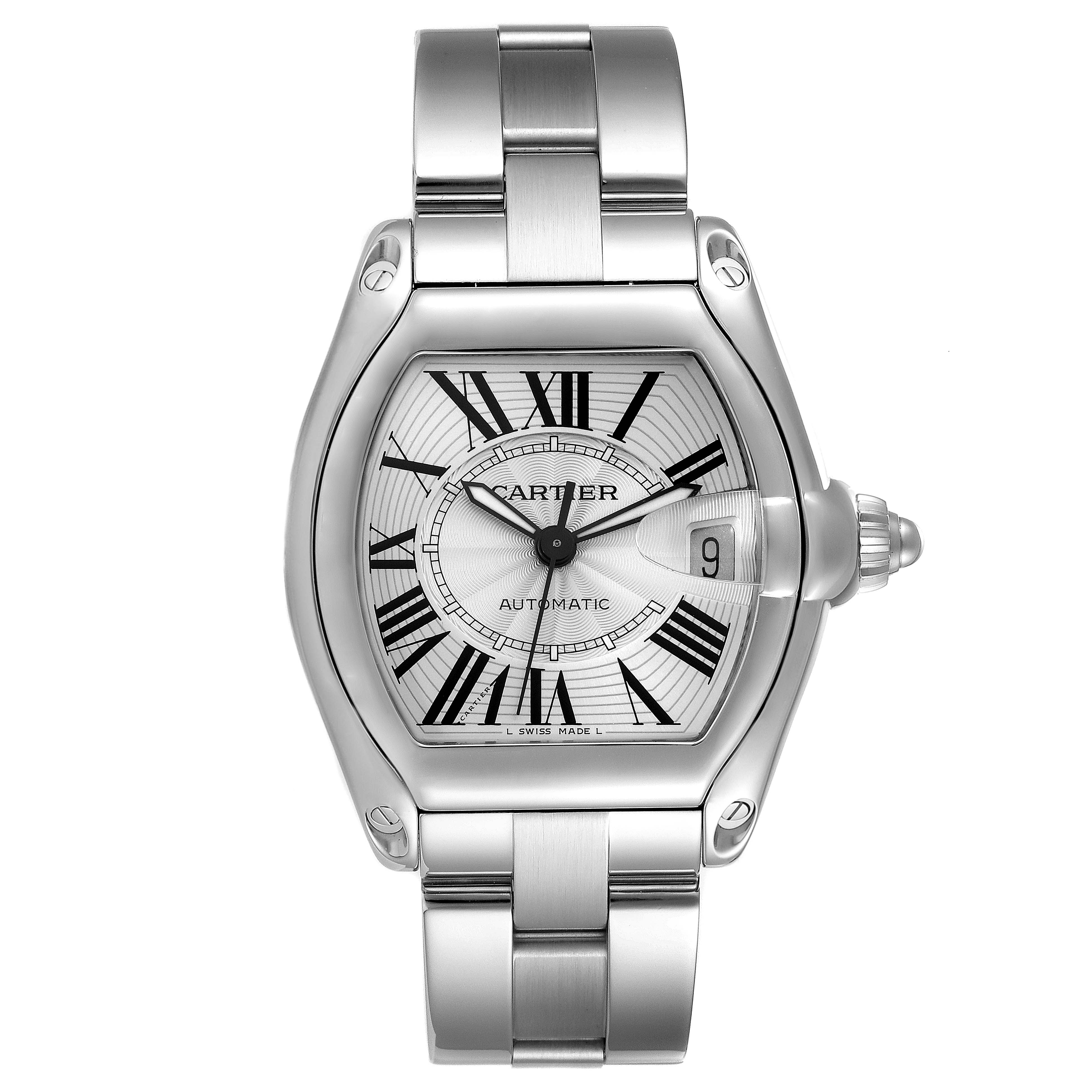 This image shows a Cartier Roadster W62025V3 Men's Stainless Steel Silver Dial W62025V3 Men's Stainless Steel Silver Dial watch from a front-facing angle, displaying its dial, bracelet, and date window.