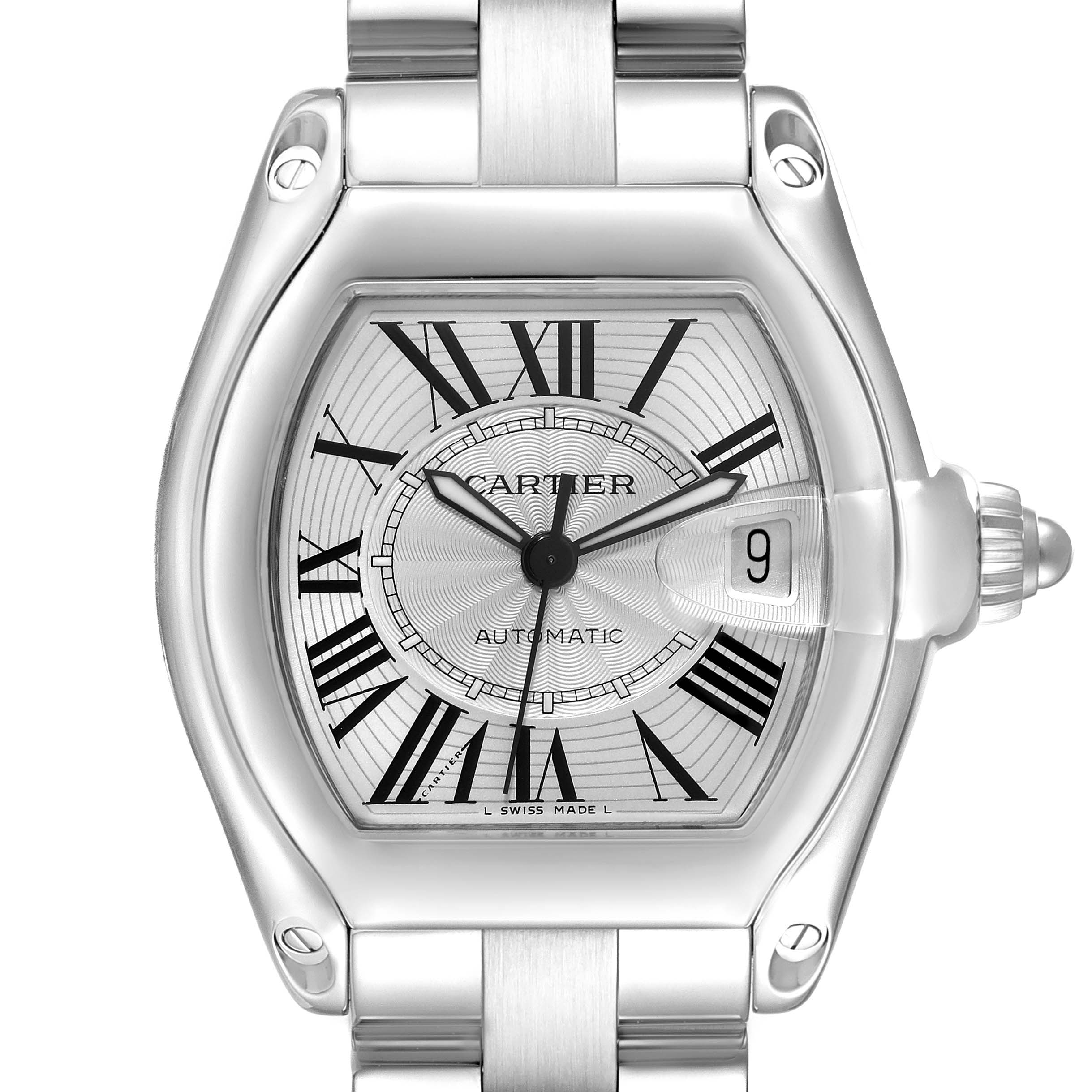 The image shows a front view of a Cartier Roadster W62025V3 Men's Stainless Steel Silver Dial W62025V3 Men's Stainless Steel Silver Dial model watch, highlighting the dial, roman numerals, and part of the bracelet.