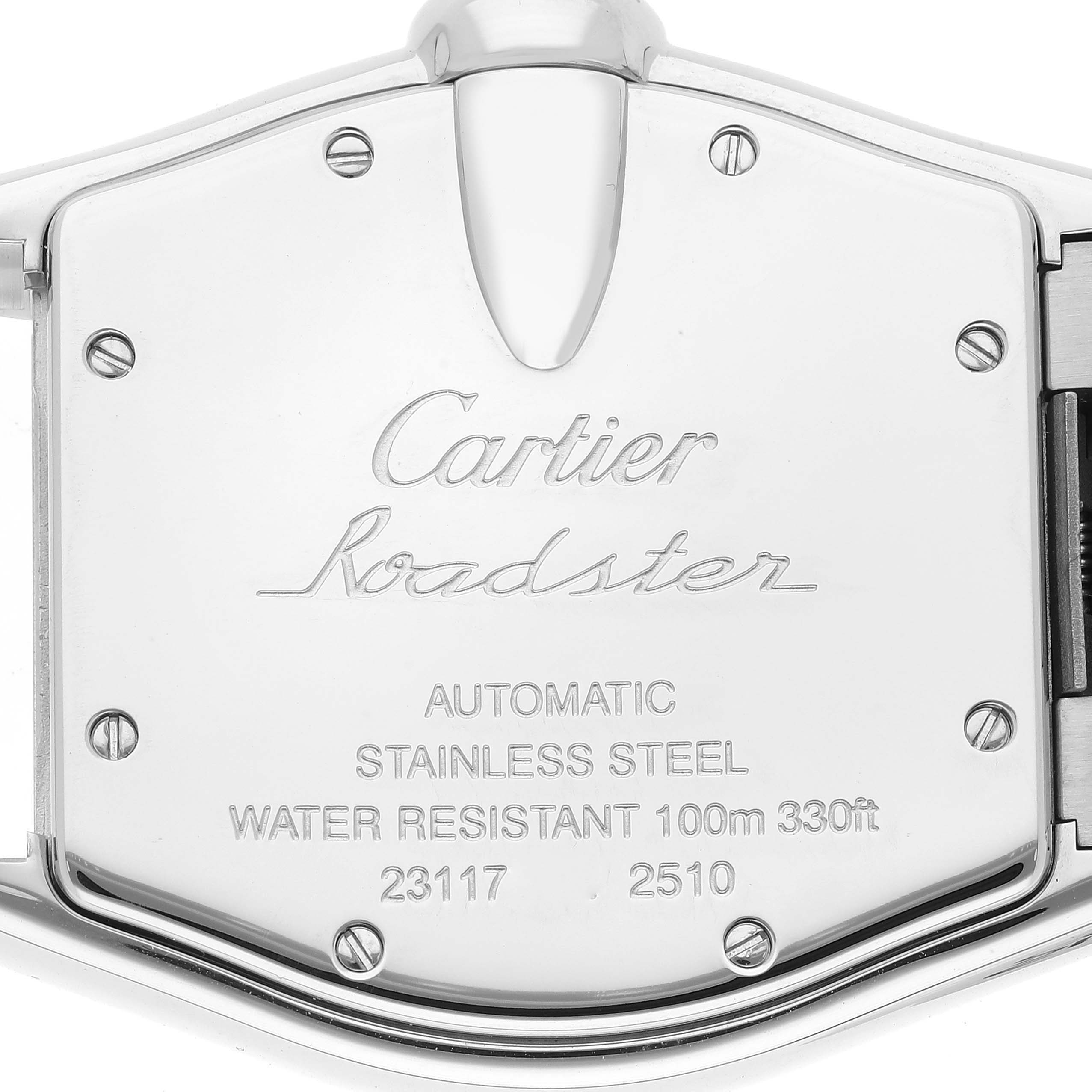The image shows the back case of a Cartier Roadster W62025V3 Men's Stainless Steel Silver Dial W62025V3 Men's Stainless Steel Silver Dial watch, including details on material, water resistance, and model numbers.