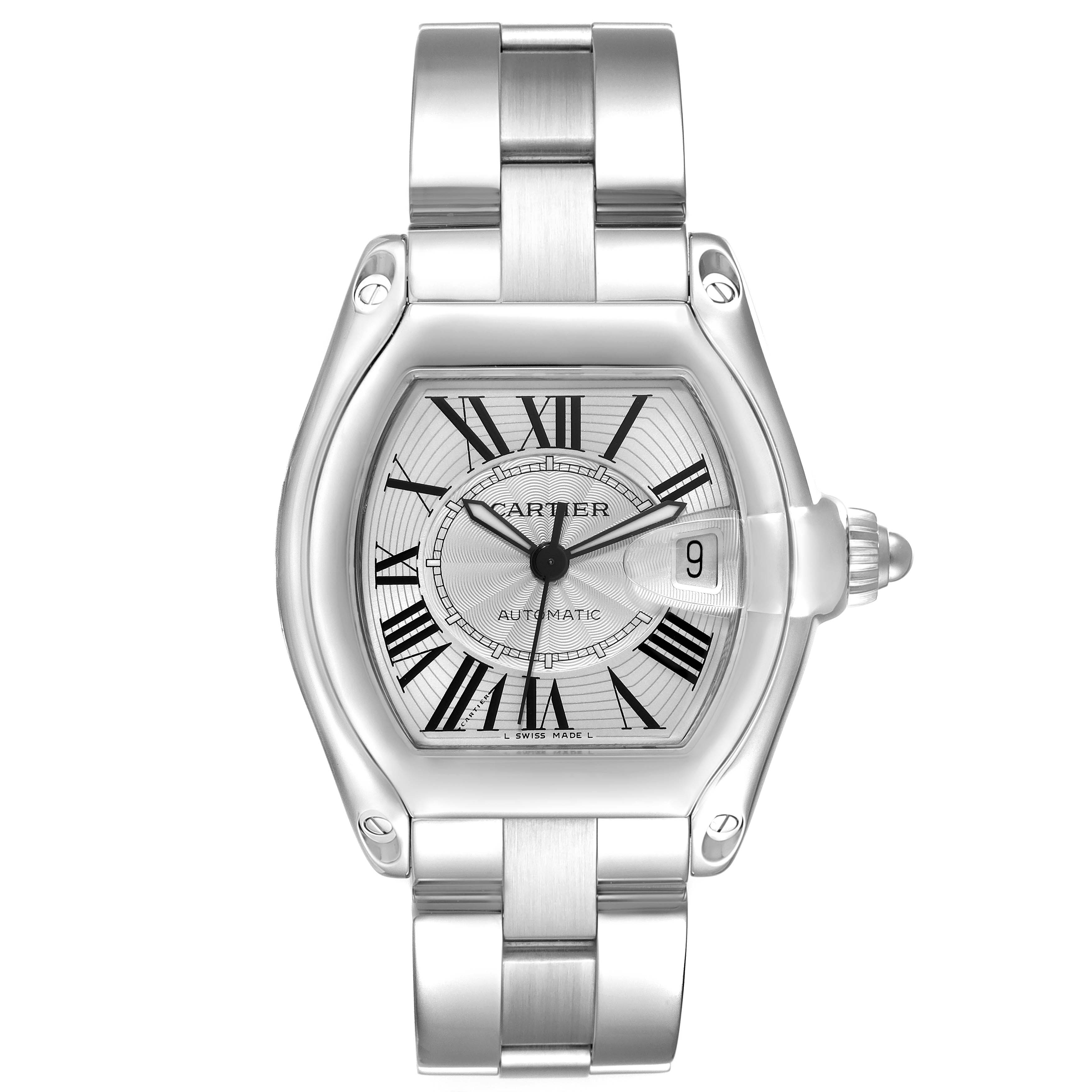 The image shows a front view of a Cartier Roadster W62025V3 Men's Stainless Steel Silver Dial W62025V3 Men's Stainless Steel Silver Dial watch displaying its face, bezel, and part of the bracelet.