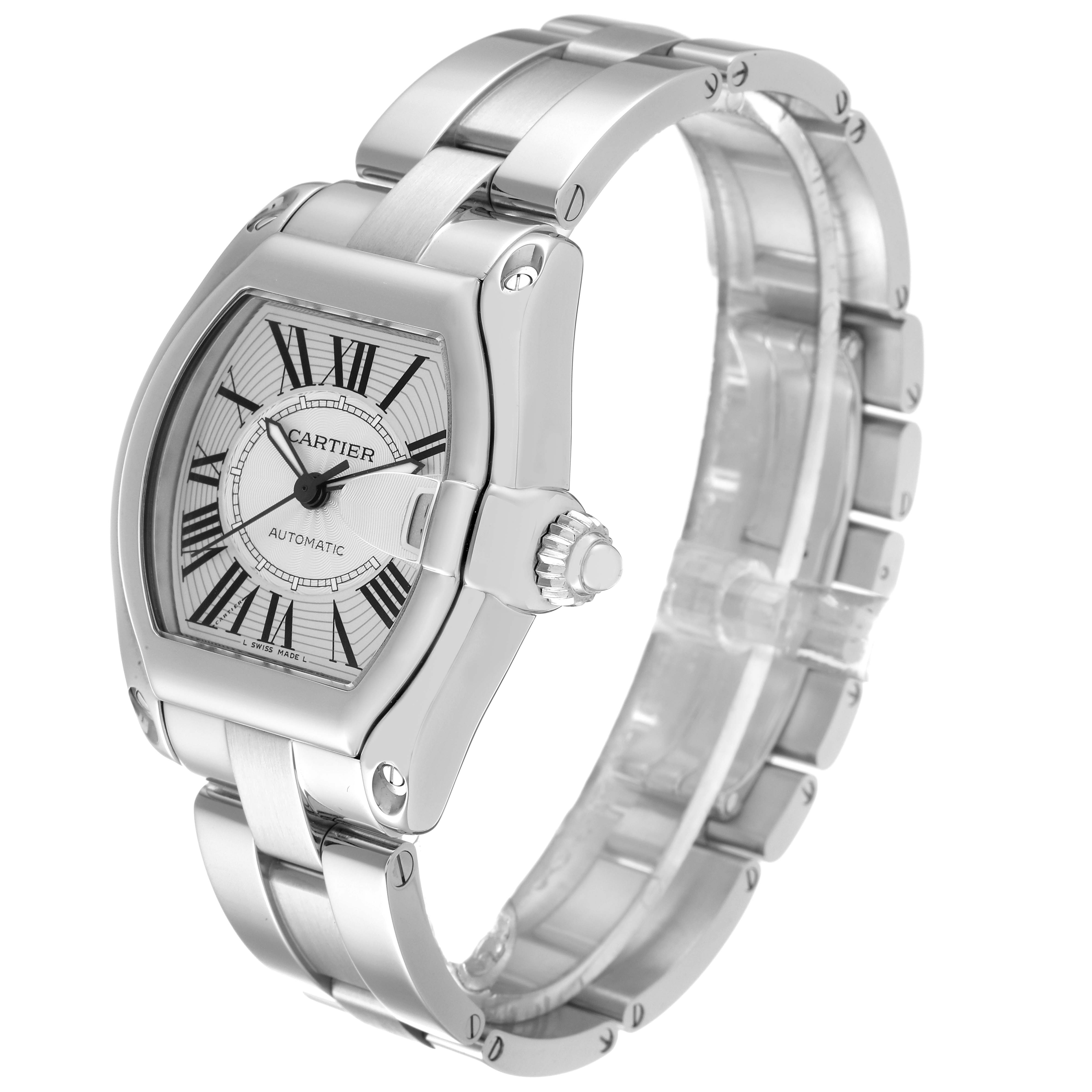 The image shows a side angle of the Cartier Roadster W62025V3 Men's Stainless Steel Silver Dial W62025V3 Men's Stainless Steel Silver Dial model watch, highlighting the face, case, crown, and bracelet.