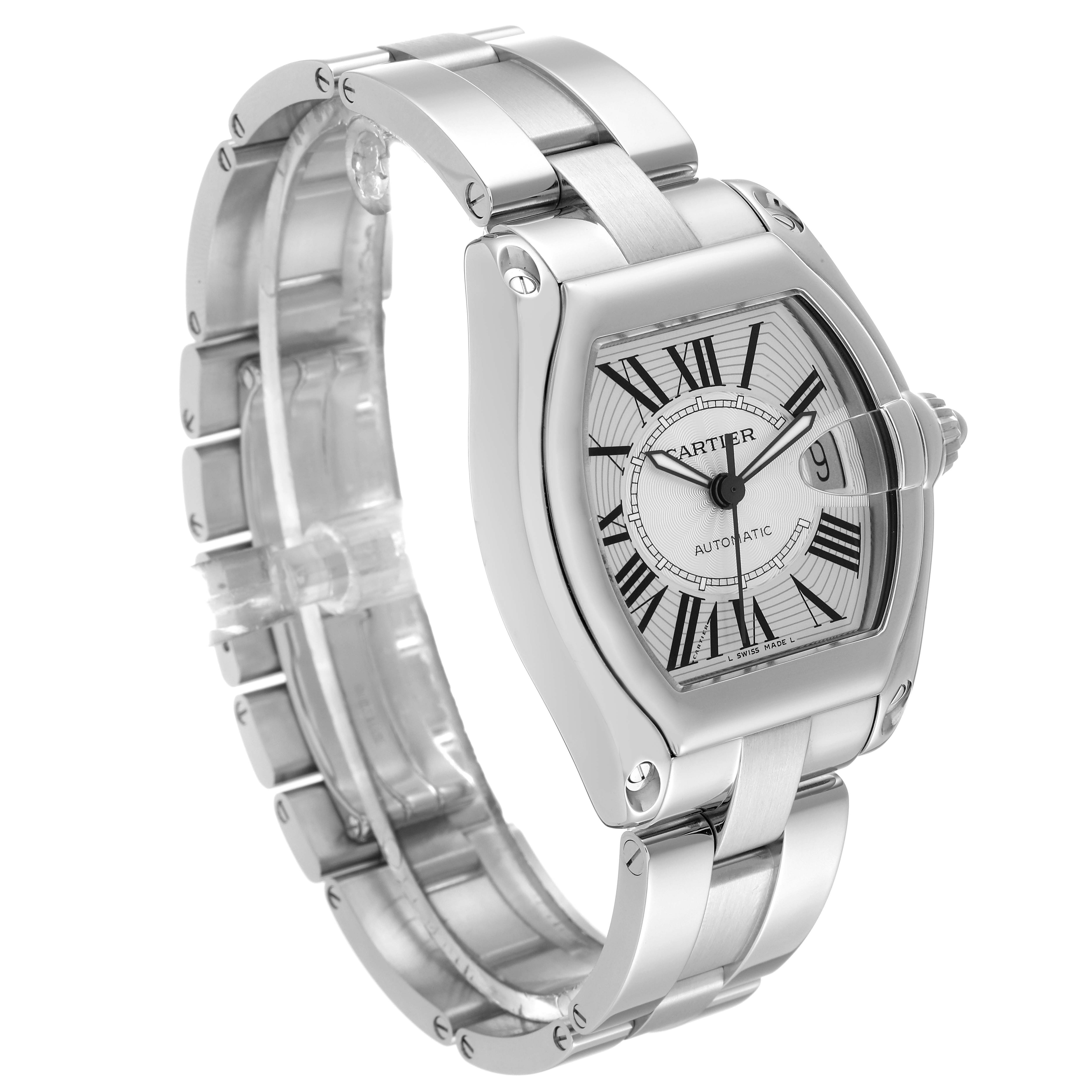 The image shows a Cartier Roadster W62025V3 Men's Stainless Steel Silver Dial W62025V3 Men's Stainless Steel Silver Dial watch from a slightly angled perspective, highlighting its stainless steel bracelet and silver-toned dial.