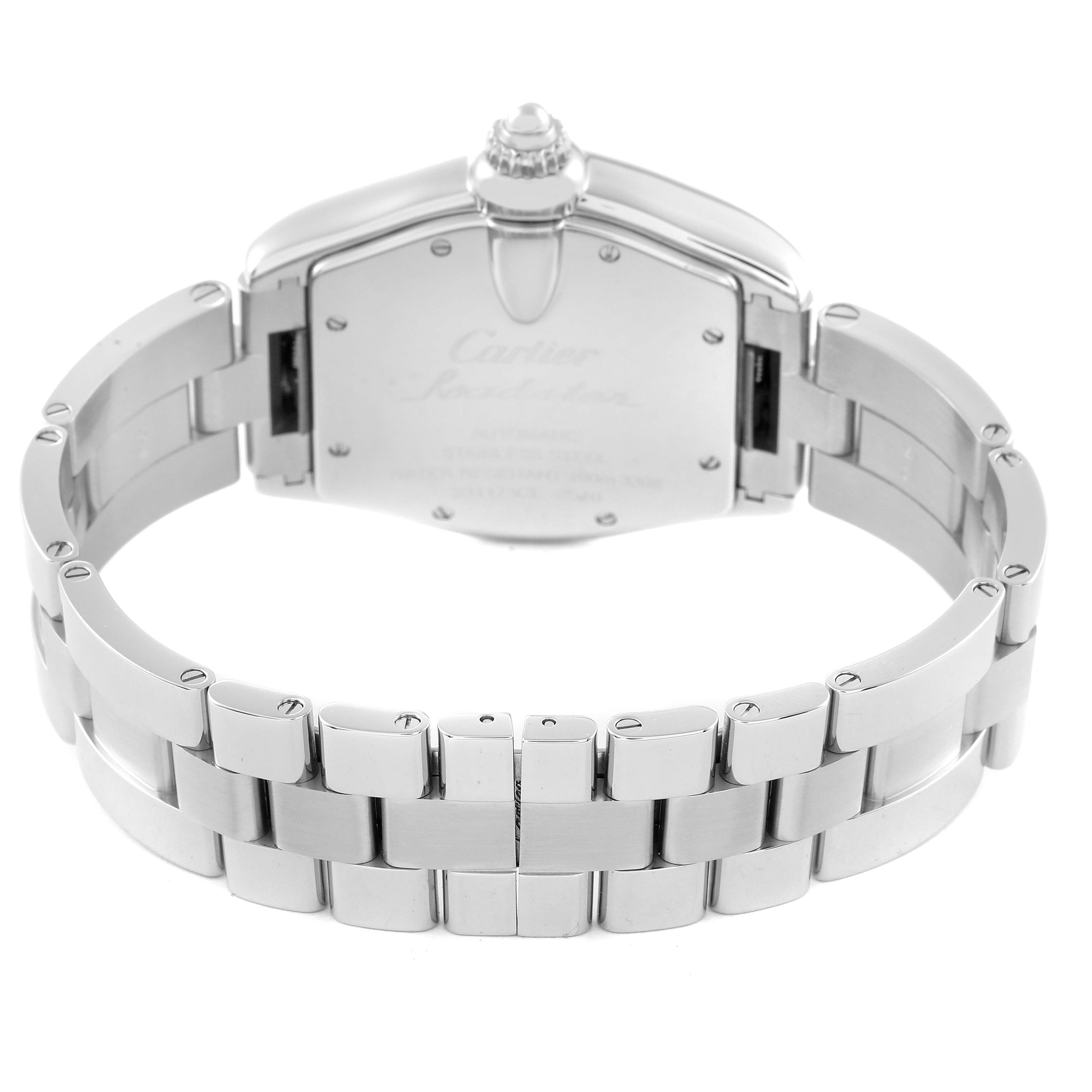 The image shows the back view of the Cartier Roadster W62025V3 Men's Stainless Steel Silver Dial W62025V3 Men's Stainless Steel Silver Dial watch, highlighting its bracelet and case back.