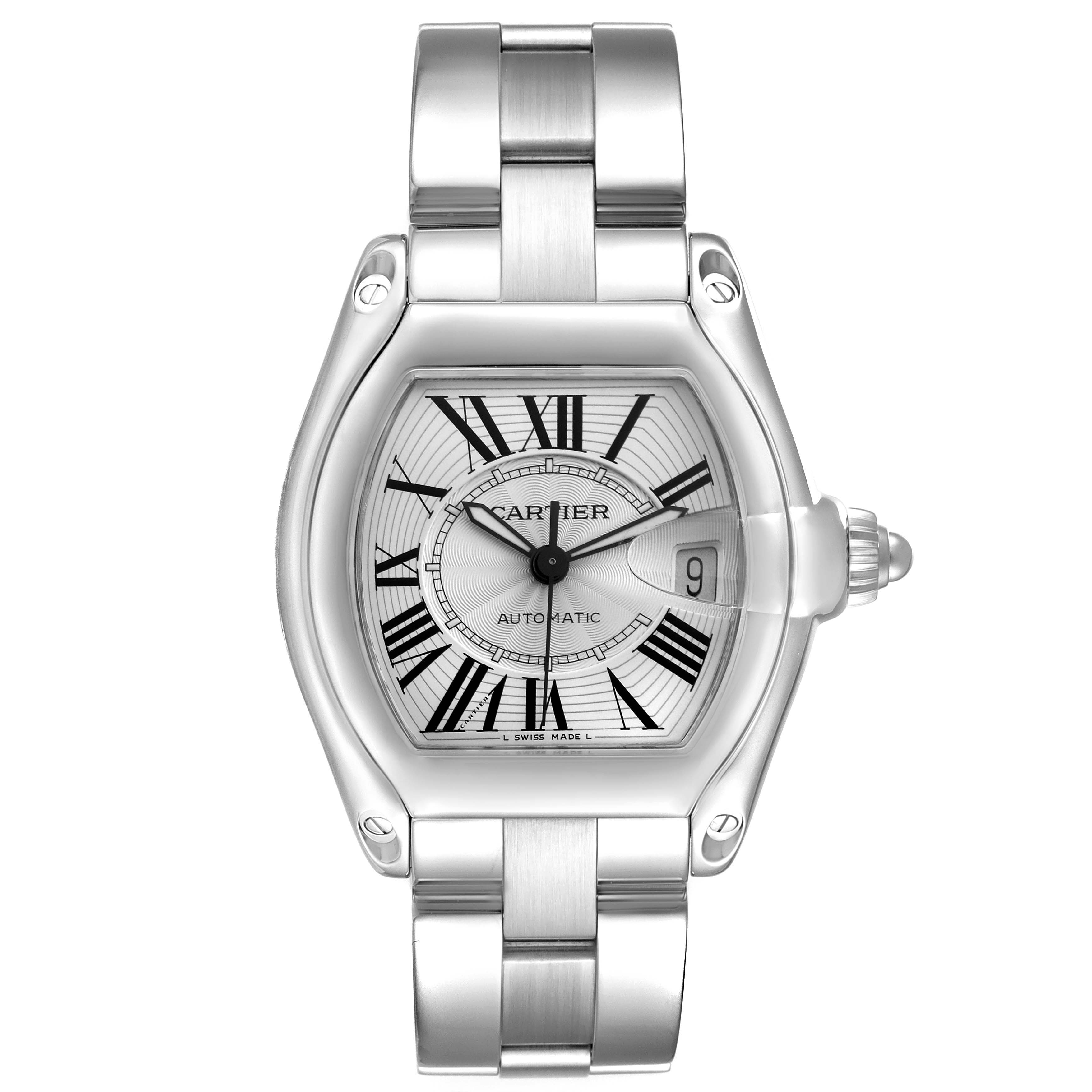 The Cartier Roadster W62025V3 Men
s Stainless Steel Silver Dial W62025V3 Men
s Stainless Steel Silver Dial watch is shown from a front angle, highlighting the face, bezel, crown, and part of the bracelet.