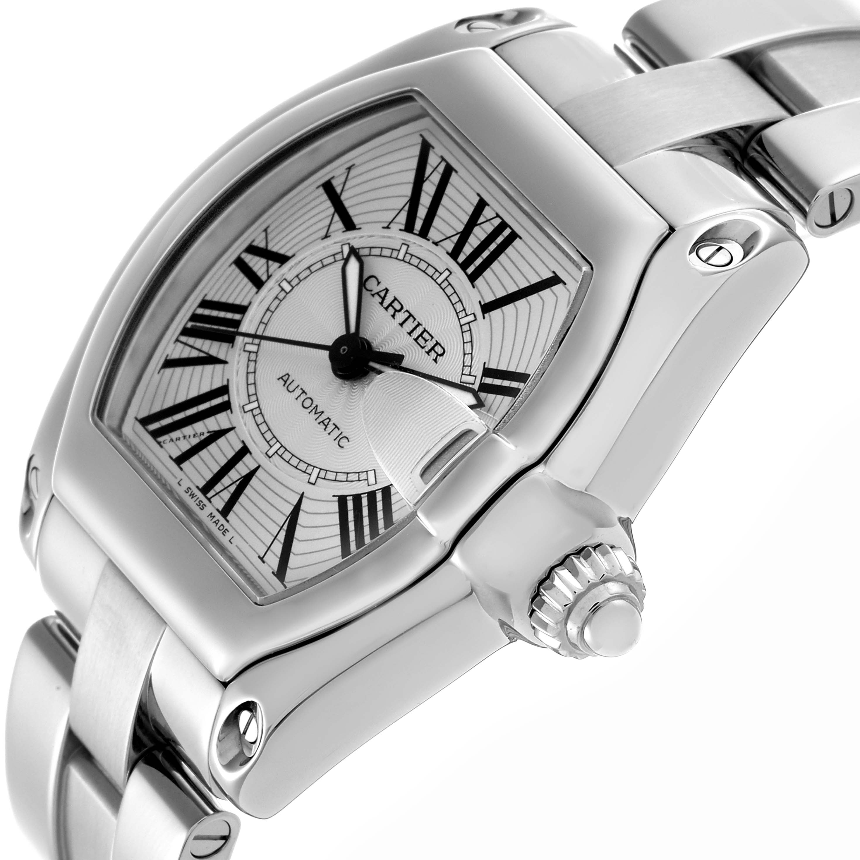 The Cartier Roadster W62025V3 Men
s Stainless Steel Silver Dial W62025V3 Men
s Stainless Steel Silver Dial watch is shown at an angled view, highlighting the dial, crown, and part of the bracelet.
