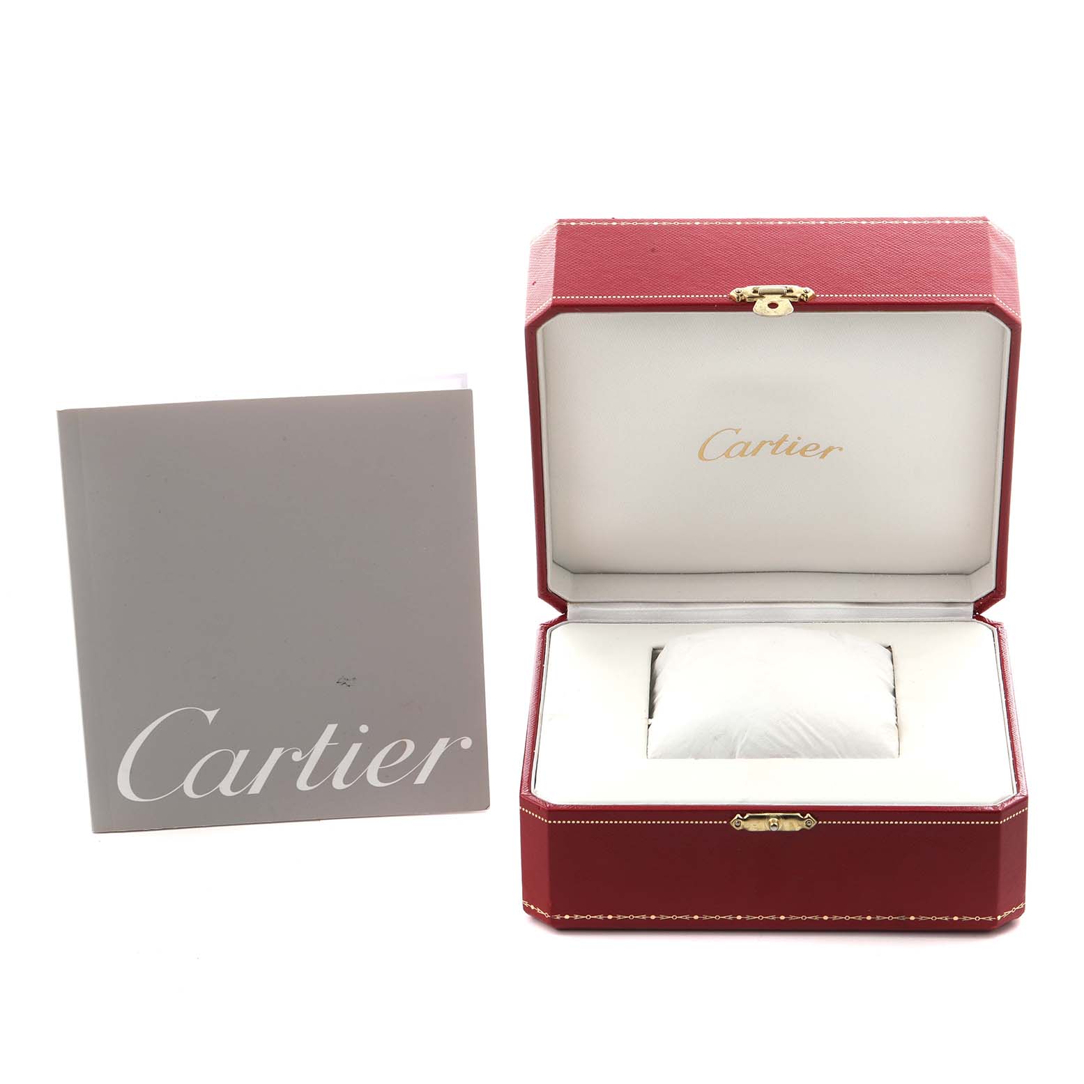 The image shows an open Cartier Roadster W62025V3 Men
s Stainless Steel Silver Dial W62025V3 Men
s Stainless Steel Silver Dial watch box and a manual, both viewed from the front.