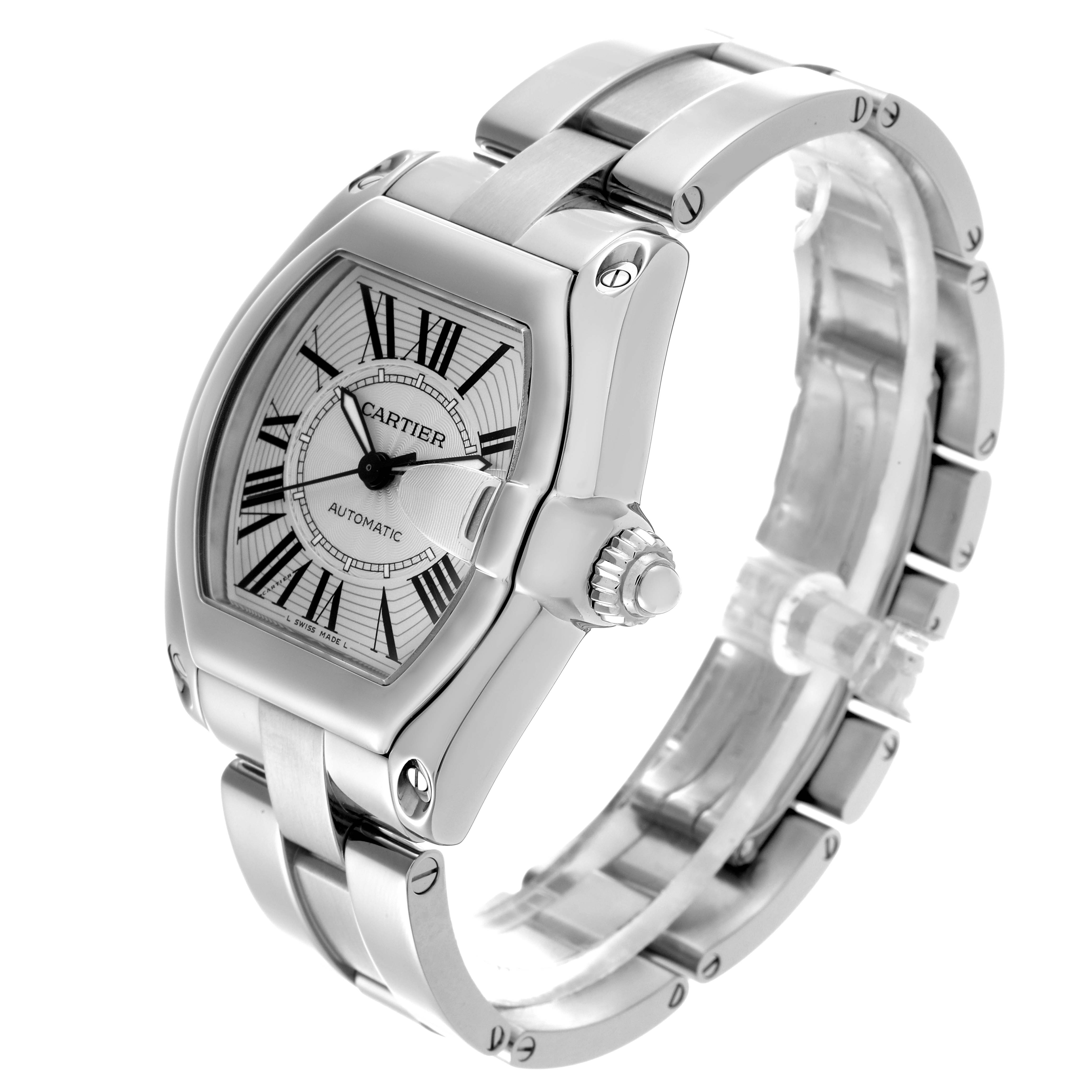 The Cartier Roadster W62025V3 Men
s Stainless Steel Silver Dial W62025V3 Men
s Stainless Steel Silver Dial watch is shown at a three-quarter angle, displaying the face, crown, and bracelet.