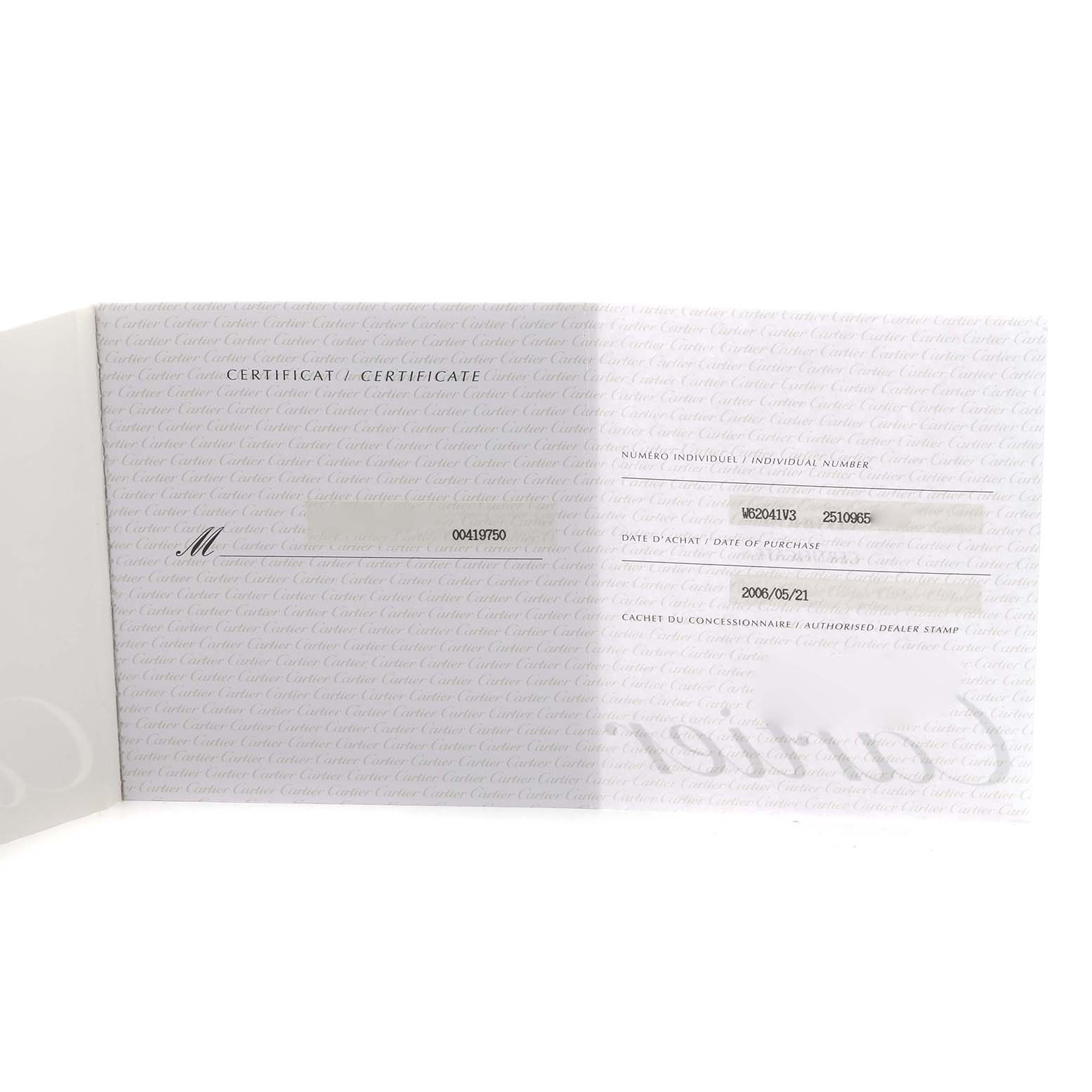 The image shows a certificate for the Cartier Roadster W62025V3 Men
s Stainless Steel Silver Dial W62025V3 Men
s Stainless Steel Silver Dial model, displayed open with text details visible.