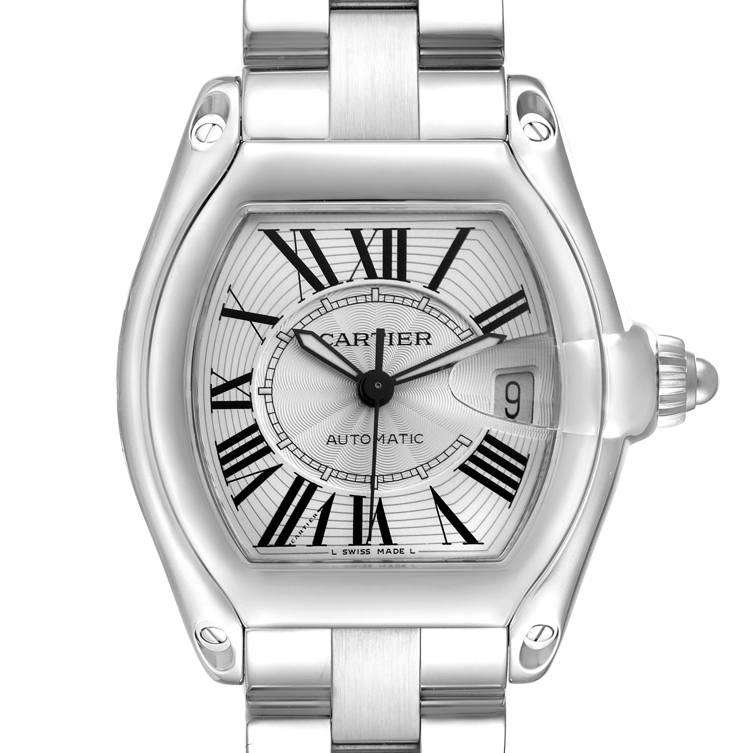 The Cartier Roadster W62025V3 Men
s Stainless Steel Silver Dial W62025V3 Men
s Stainless Steel Silver Dial watch is shown from the front, highlighting the dial, Roman numerals, crown, and stainless steel bracelet.