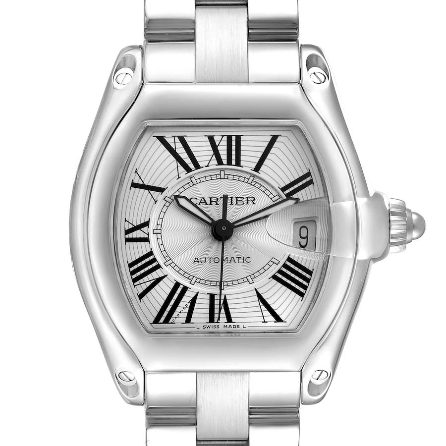 The Cartier Roadster watch is shown from the front, highlighting the dial, Roman numerals, crown, and stainless steel bracelet.