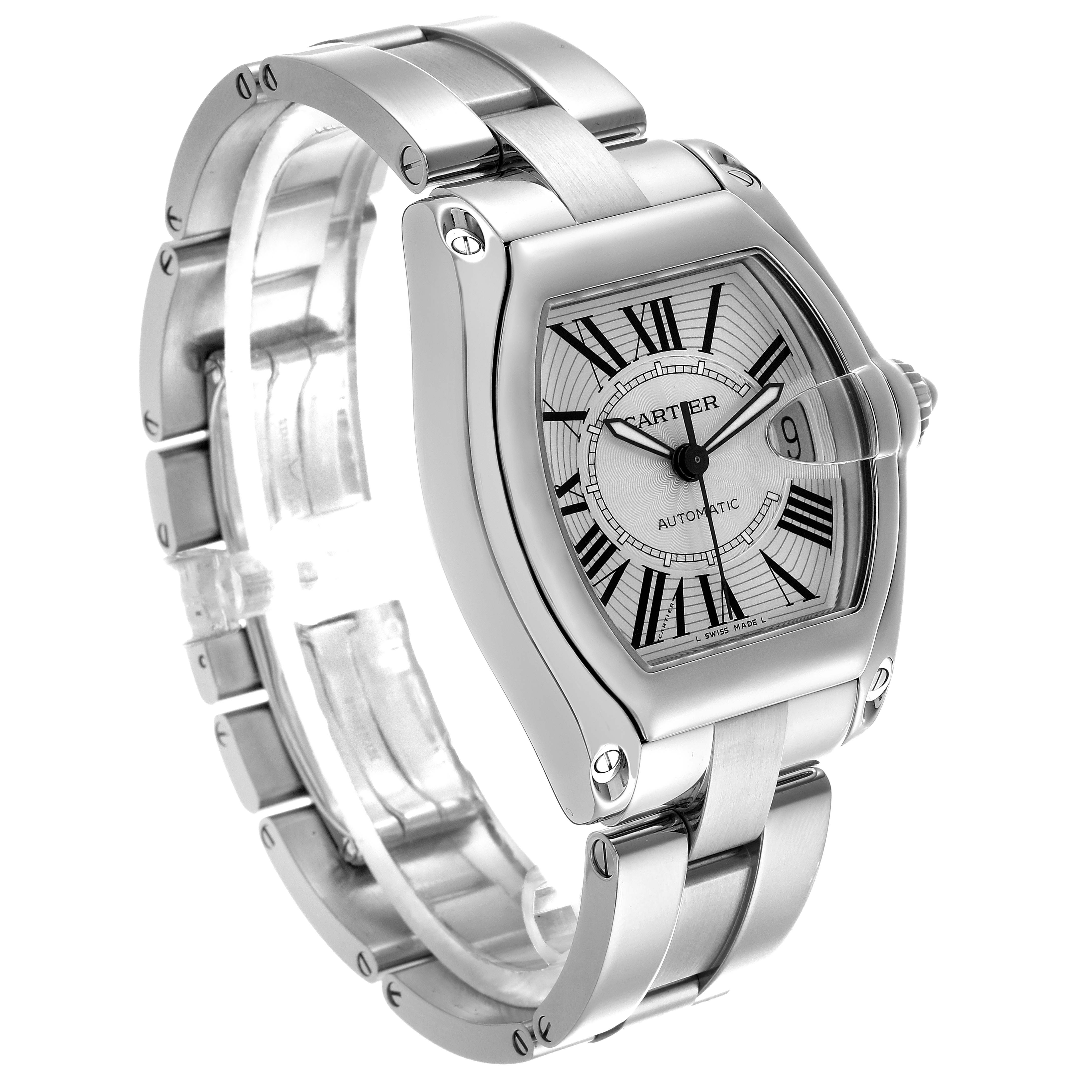 The Cartier Roadster W62025V3 Men
s Stainless Steel Silver Dial W62025V3 Men
s Stainless Steel Silver Dial watch is shown at a three-quarters angle, highlighting the face, bezel, and bracelet.