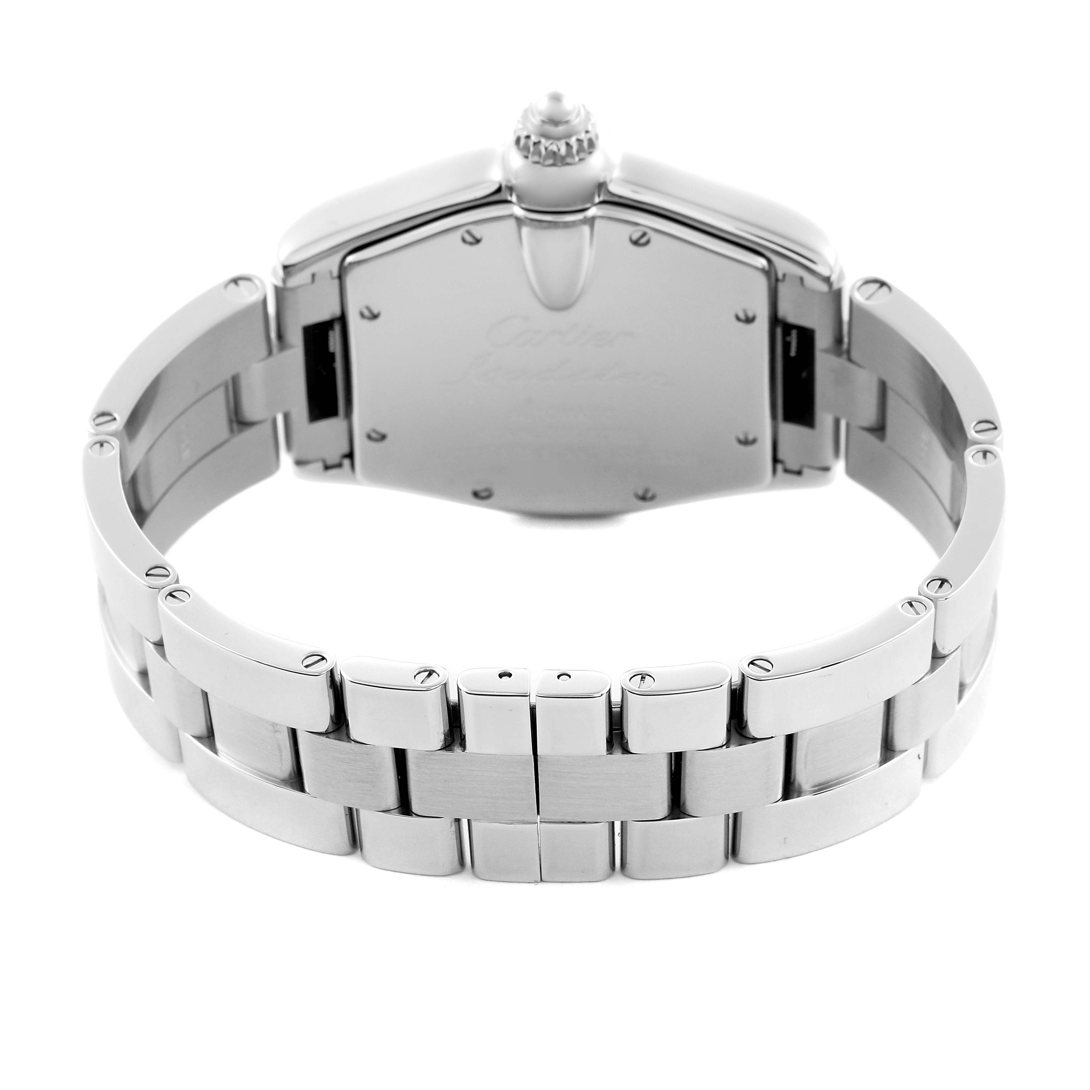 The Cartier Roadster W62025V3 Men
s Stainless Steel Silver Dial W62025V3 Men
s Stainless Steel Silver Dial watch is shown from the back, highlighting its metal bracelet and case.