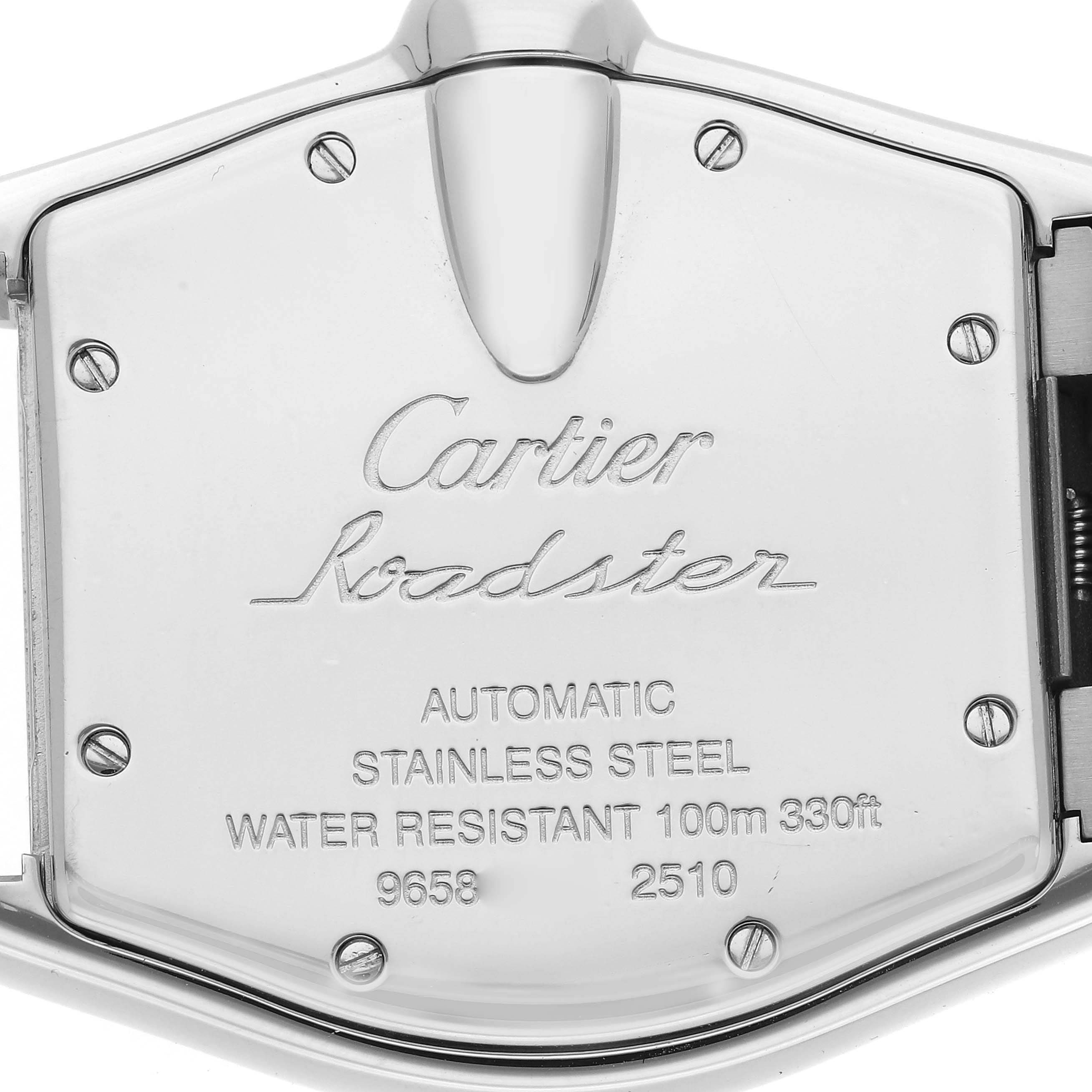 The image shows the back case of a Cartier Roadster W62025V3 Men
s Stainless Steel Silver Dial W62025V3 Men
s Stainless Steel Silver Dial watch, highlighting its engravings and screw details.