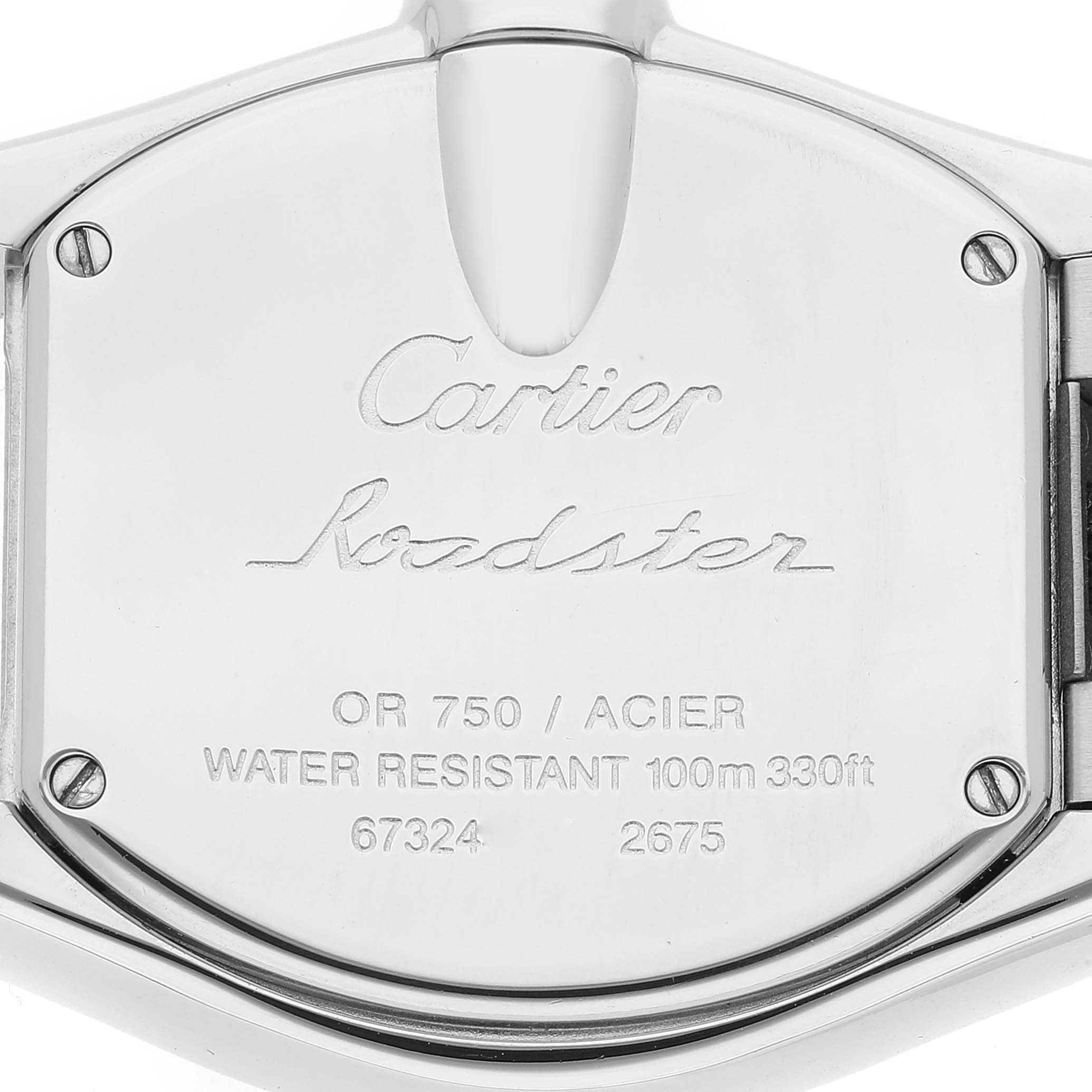 This image shows the back case of a Cartier Roadster W62026Y4 Women's Steel and Gold (two tone) Silver Dial W62026Y4 Women's Steel and Gold (two tone) Silver Dial watch, featuring engraved details about the model.