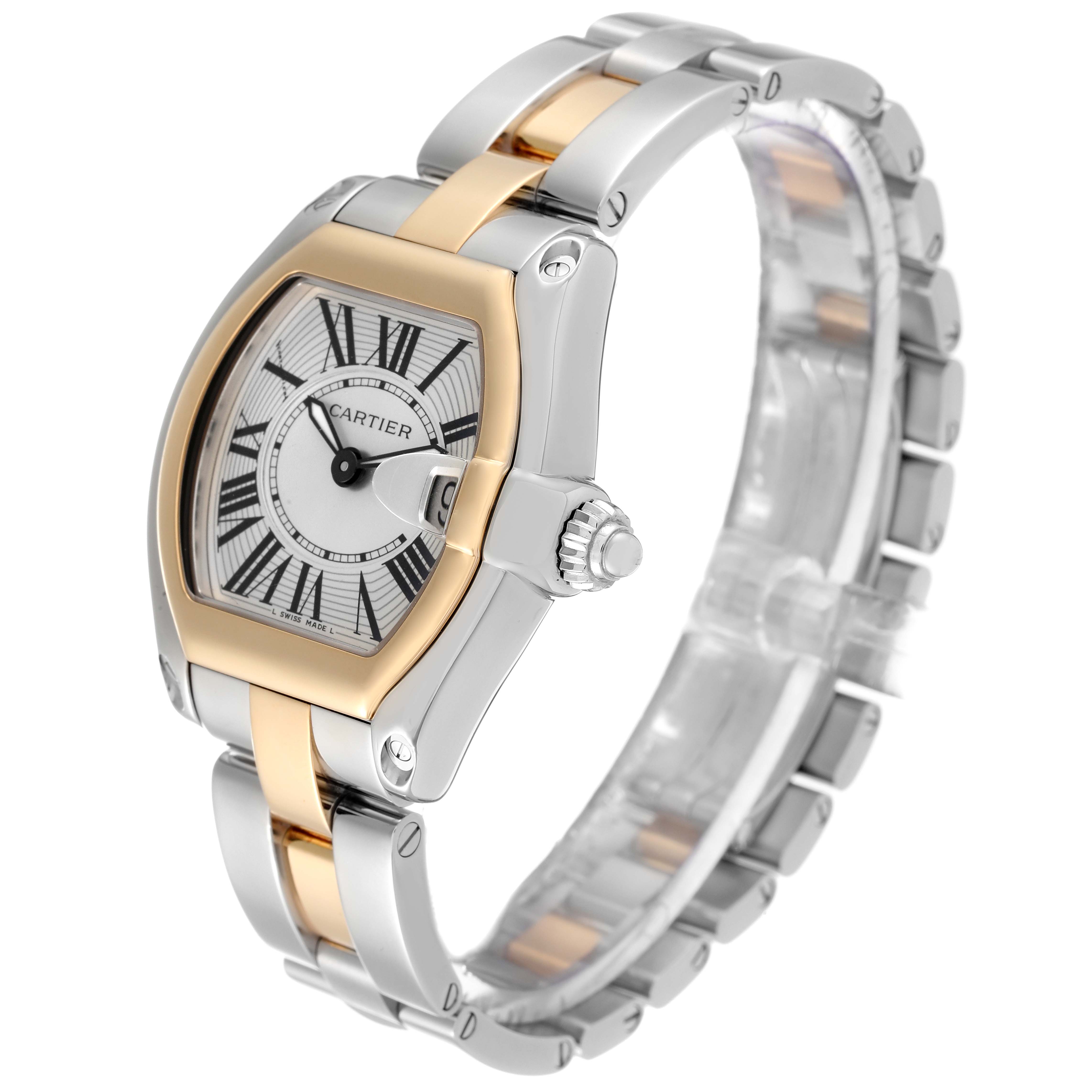 The image shows a Cartier Roadster W62026Y4 Women's Steel and Gold (two tone) Silver Dial W62026Y4 Women's Steel and Gold (two tone) Silver Dial watch angled diagonally, highlighting its two-tone case and bracelet.