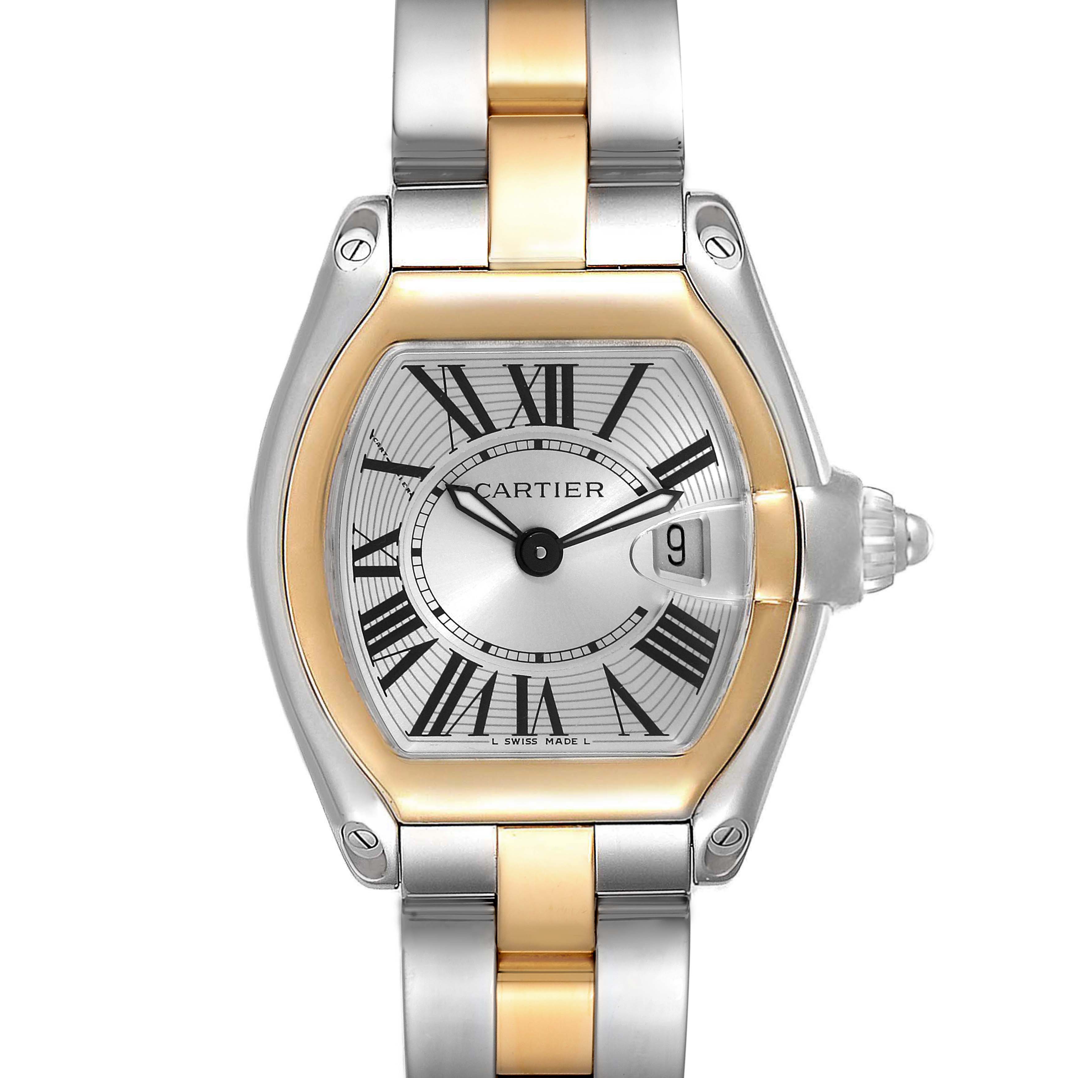The image shows a front view of a Cartier Roadster W62026Y4 Women's Steel and Gold (two tone) Silver Dial W62026Y4 Women's Steel and Gold (two tone) Silver Dial watch, including the face, bracelet, and crown.