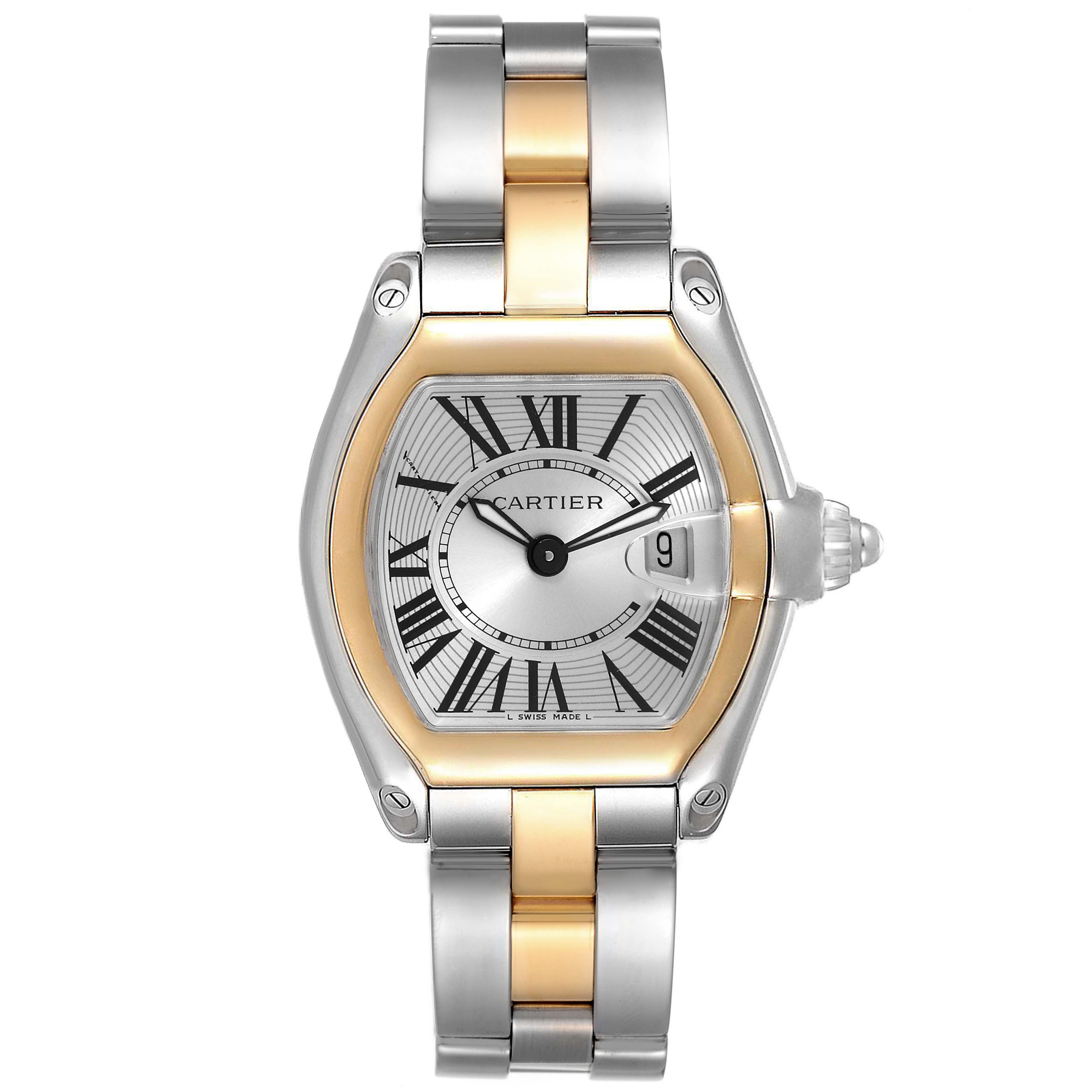 The Cartier Roadster W62026Y4 Women's Steel and Gold (two tone) Silver Dial W62026Y4 Women's Steel and Gold (two tone) Silver Dial watch is shown from a front angle, highlighting its dial, bezel, crown, and two-tone bracelet.