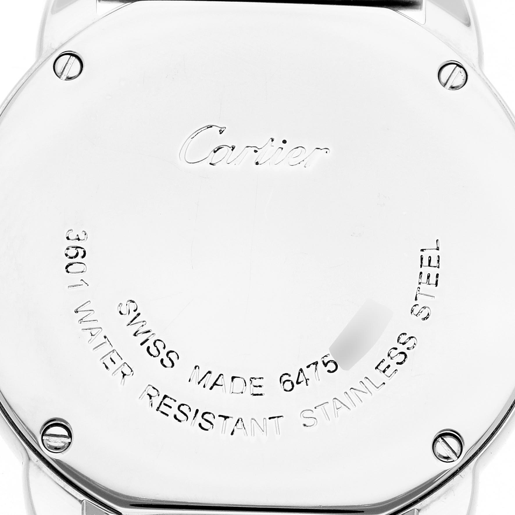The image shows the back case of a Cartier Ronde W6701004 Women
s Stainless Steel Silver Dial W6701004 Women
s Stainless Steel Silver Dial watch, highlighting the brand engraving and specifications.