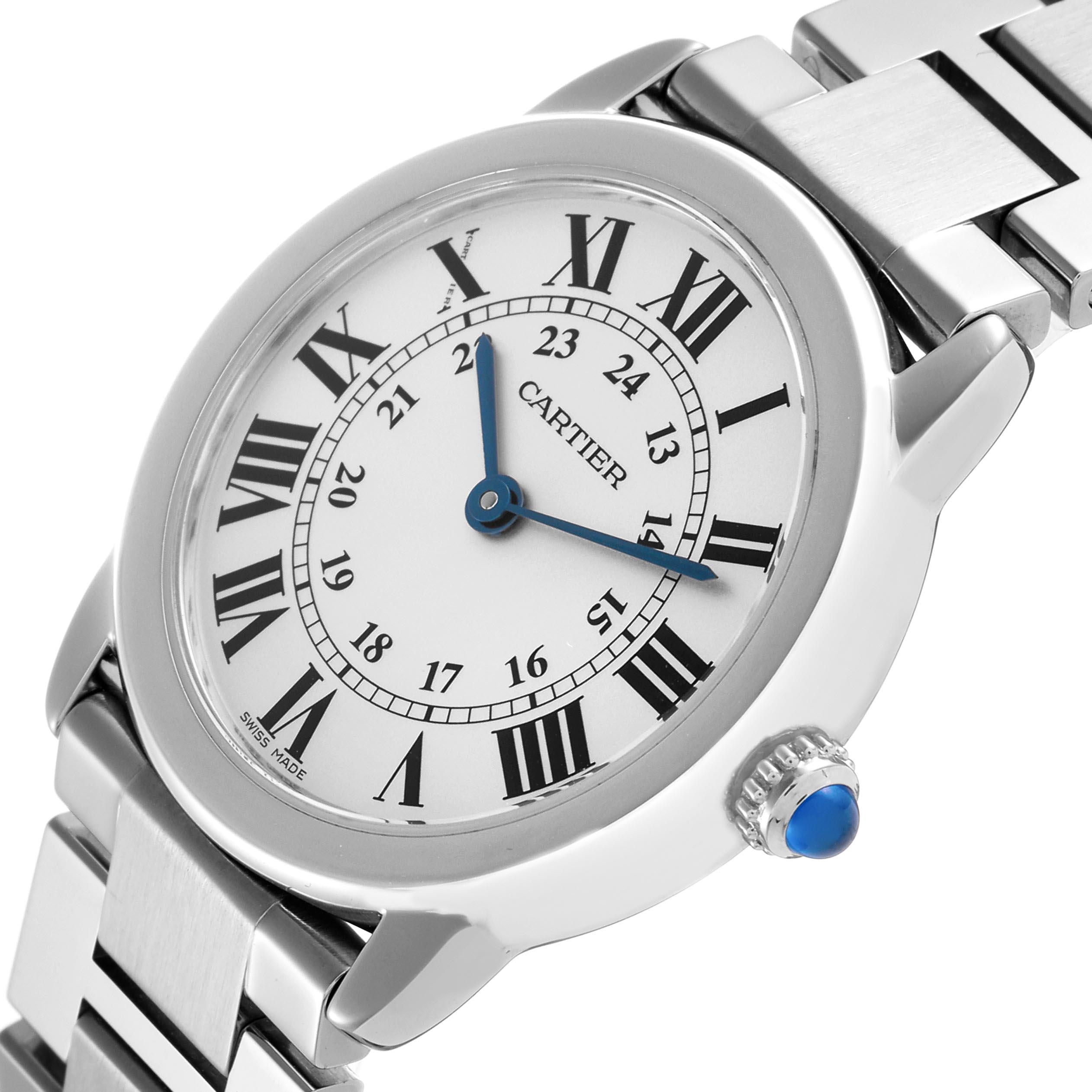 The Cartier Ronde W6701004 Women
s Stainless Steel Silver Dial W6701004 Women
s Stainless Steel Silver Dial model watch is shown from an angled view, highlighting the face, Roman numerals, hands, crown, and metal bracelet.