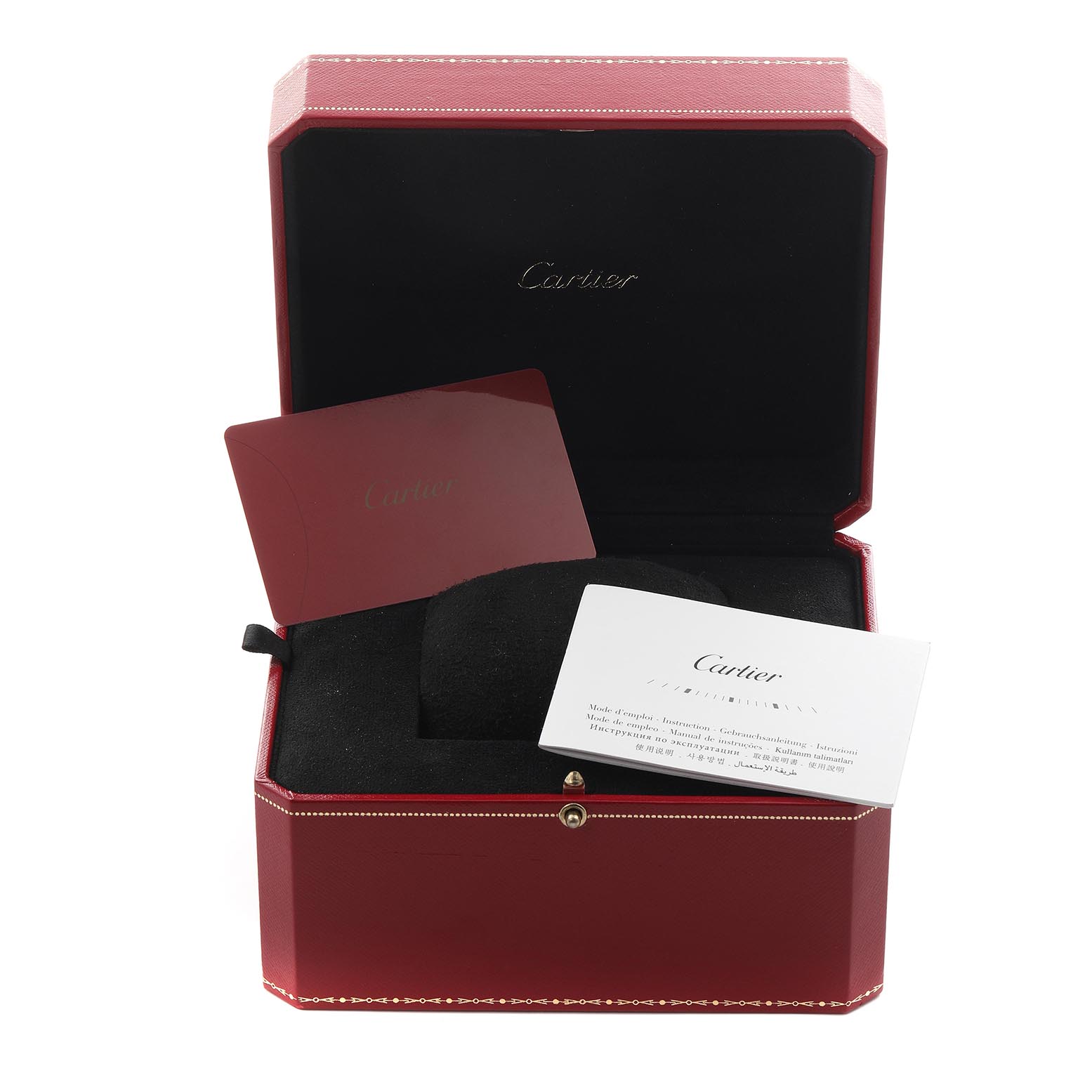 The image shows a Cartier Ronde W6701004 Women
s Stainless Steel Silver Dial W6701004 Women
s Stainless Steel Silver Dial model watch box, with warranty card and booklets inside.