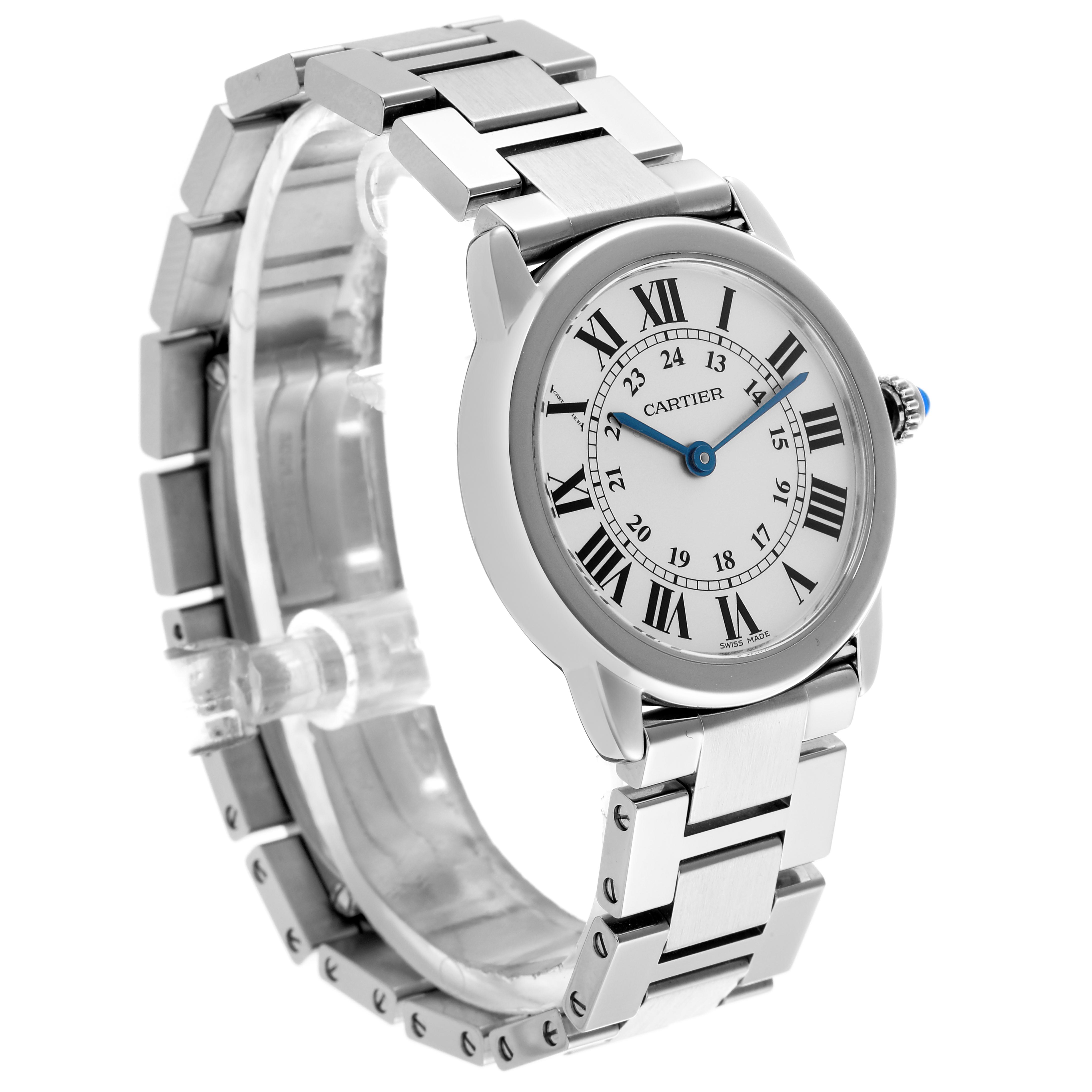 The Cartier Ronde W6701004 Women
s Stainless Steel Silver Dial W6701004 Women
s Stainless Steel Silver Dial watch is shown at a three-quarter angle, highlighting its face, Roman numerals, and metal bracelet.