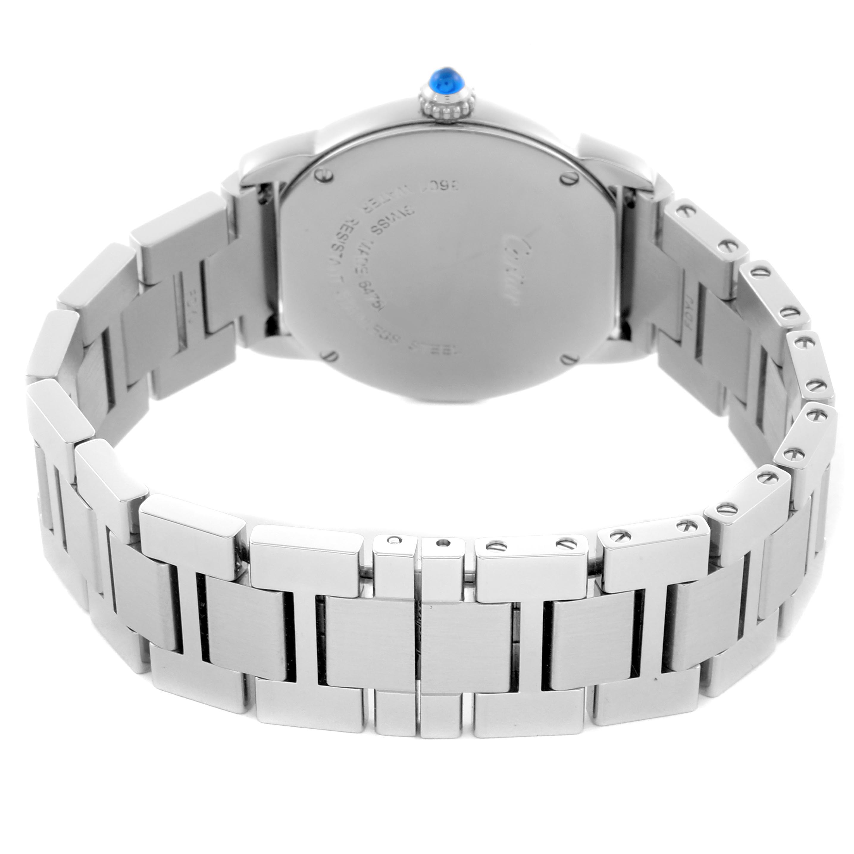 The image shows the back and side view of a Cartier Ronde W6701004 Women
s Stainless Steel Silver Dial W6701004 Women
s Stainless Steel Silver Dial model watch, highlighting the metal bracelet and case back.