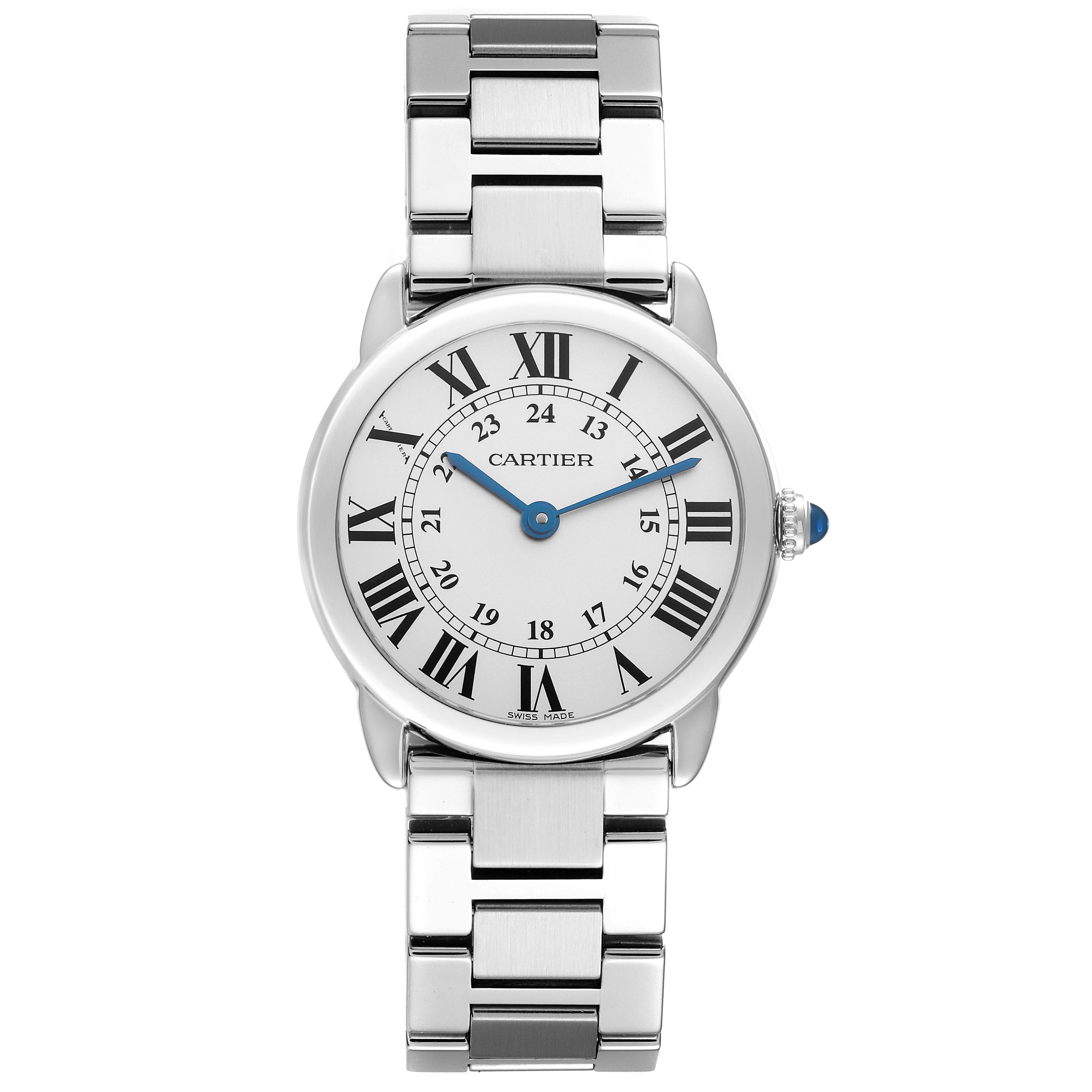 The Cartier Ronde W6701004 Women
s Stainless Steel Silver Dial W6701004 Women
s Stainless Steel Silver Dial watch is shown front-facing, displaying the dial, crown, and bracelet.