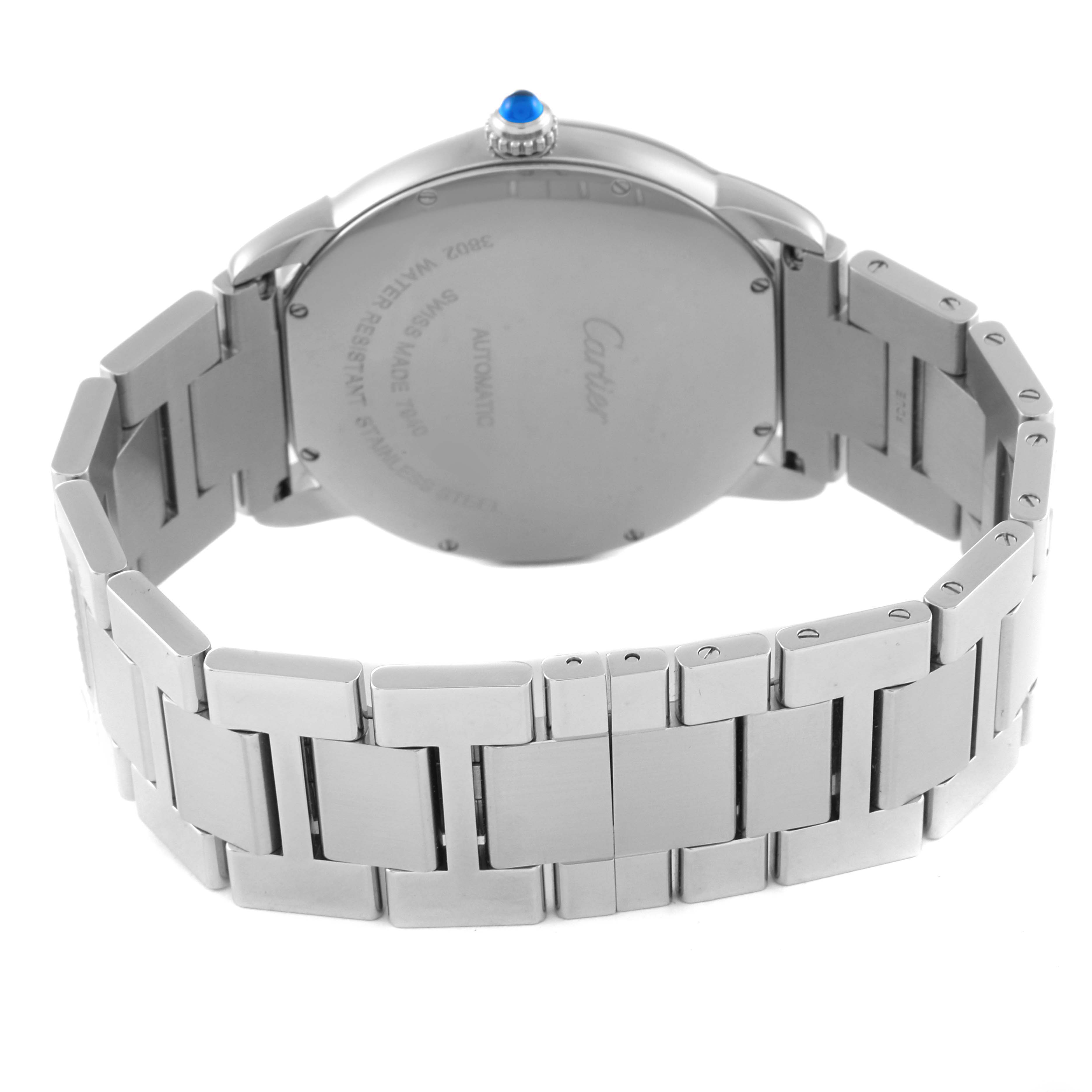 The image shows the back view and bracelet of a Cartier Ronde W6701011 Men
s Stainless Steel Silver Dial W6701011 Men
s Stainless Steel Silver Dial wristwatch, highlighting the case back and metal links. 