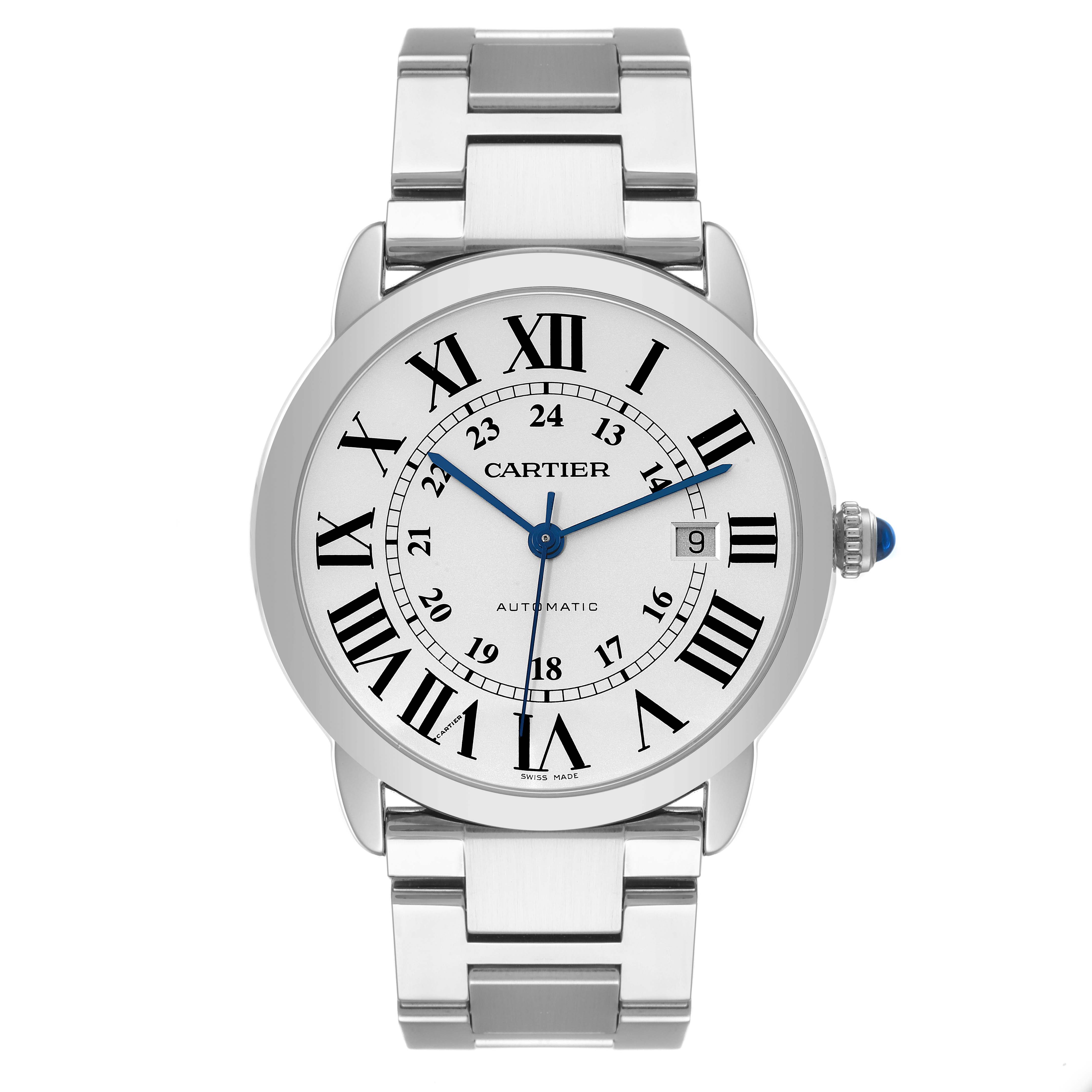 This image shows a front view of the Cartier Ronde W6701011 Men
s Stainless Steel Silver Dial W6701011 Men
s Stainless Steel Silver Dial model watch, featuring its face, bracelet, and crown.