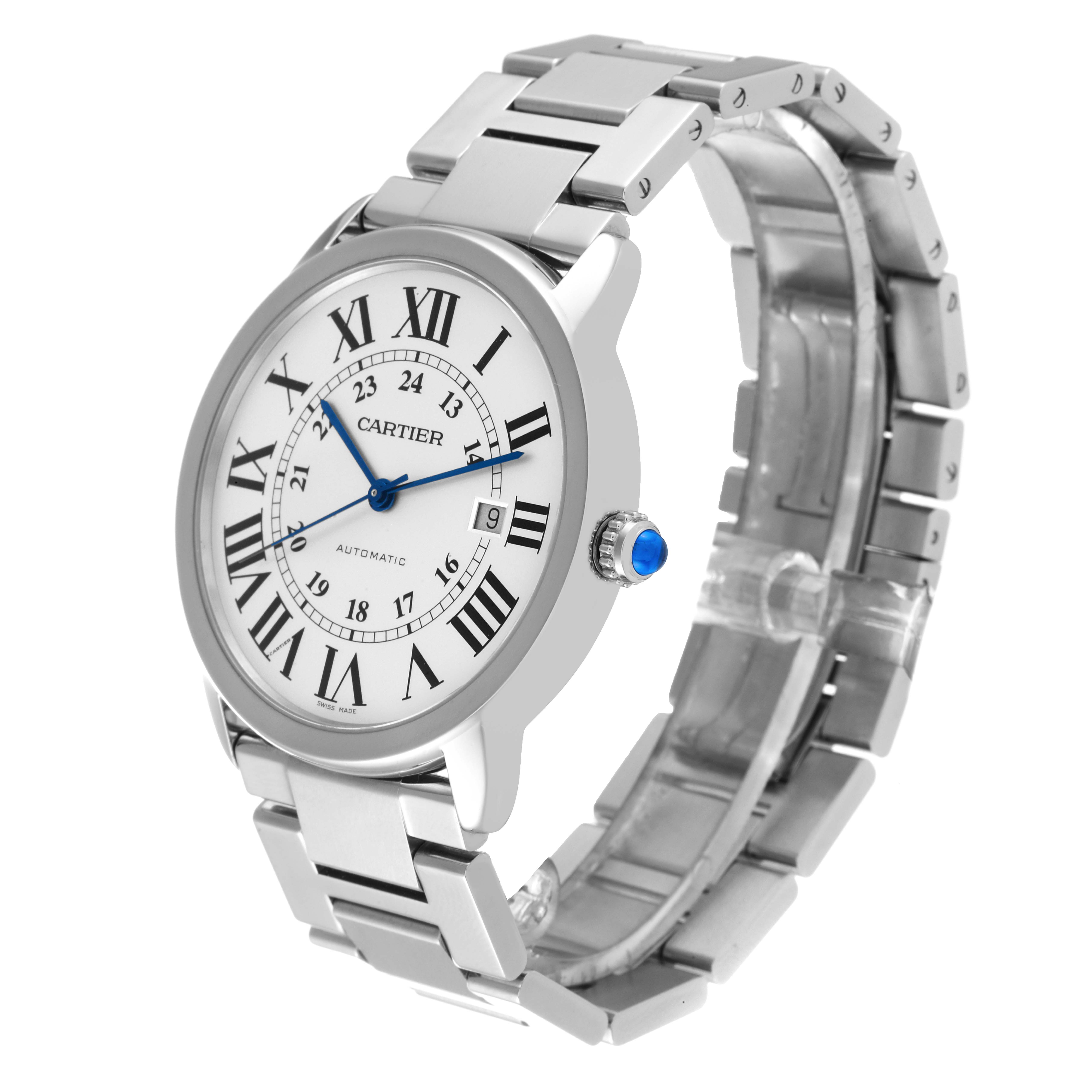 The image shows a Cartier Ronde W6701011 Men
s Stainless Steel Silver Dial W6701011 Men
s Stainless Steel Silver Dial watch from a front angle, displaying its face, crown, and stainless steel bracelet.