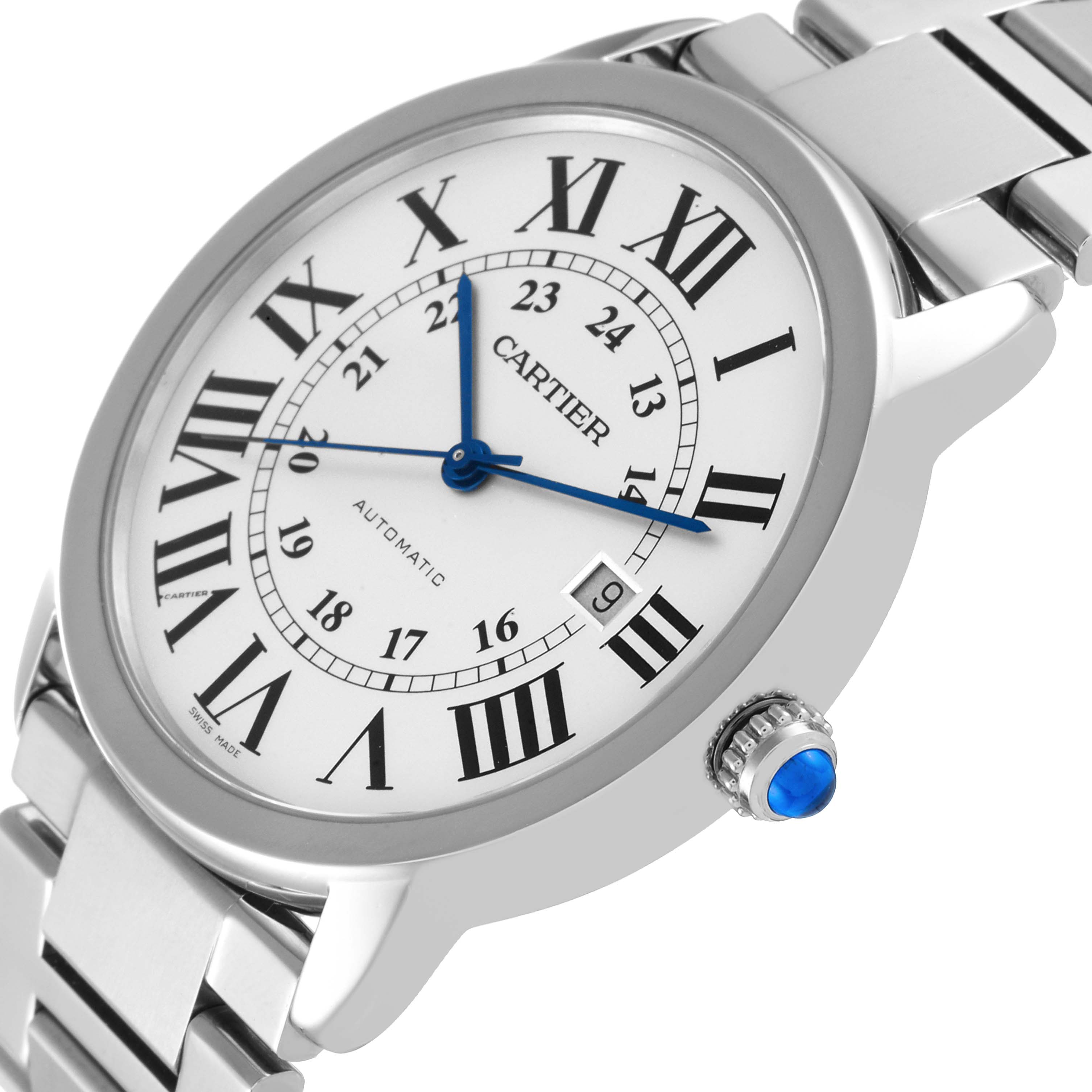 The image shows a side view of a Ronde model Cartier watch, focusing on the dial, case, crown, and part of the bracelet.