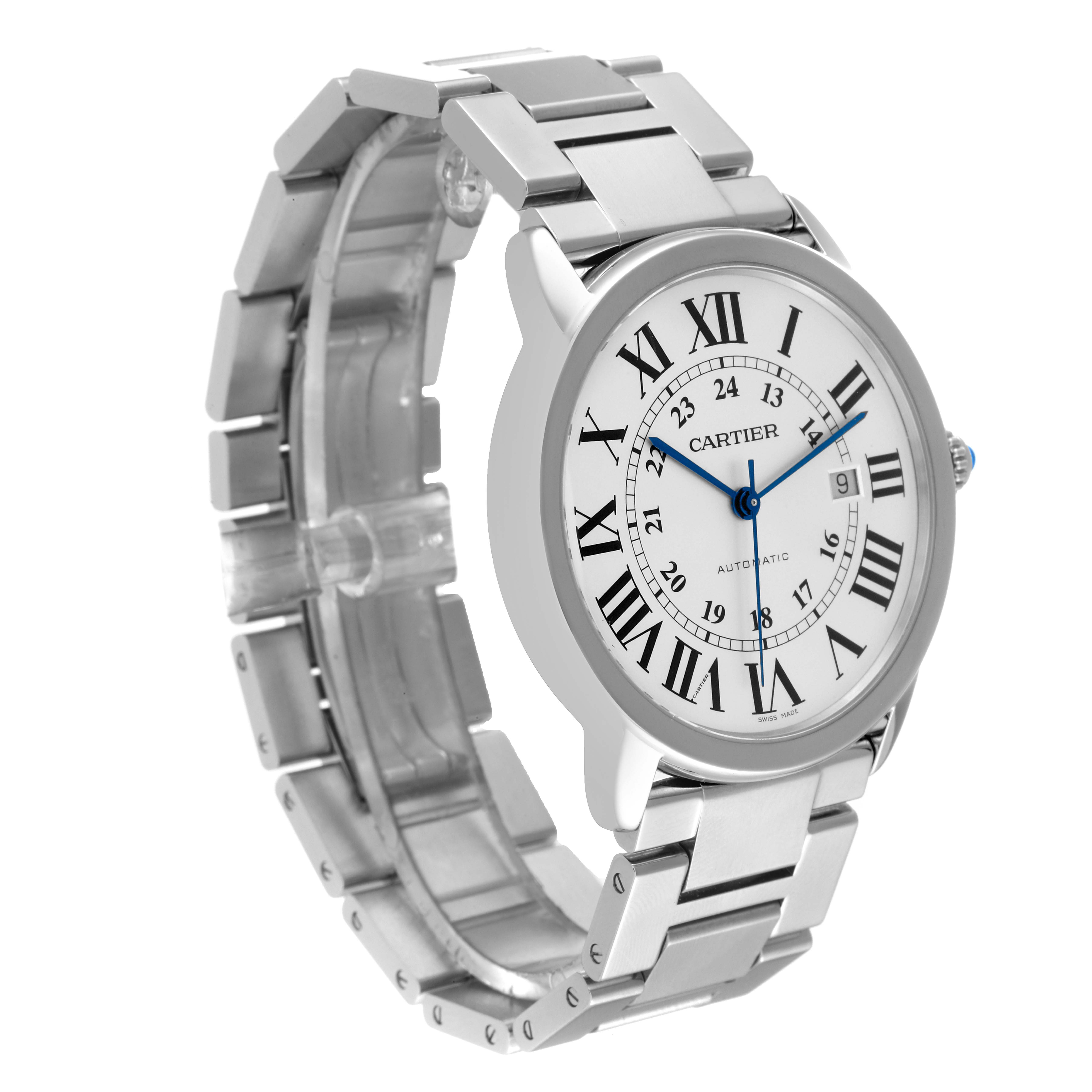 This image of the Cartier Ronde W6701011 Men
s Stainless Steel Silver Dial W6701011 Men
s Stainless Steel Silver Dial model watch shows a three-quarter angle, displaying its face, bracelet, and bezel.