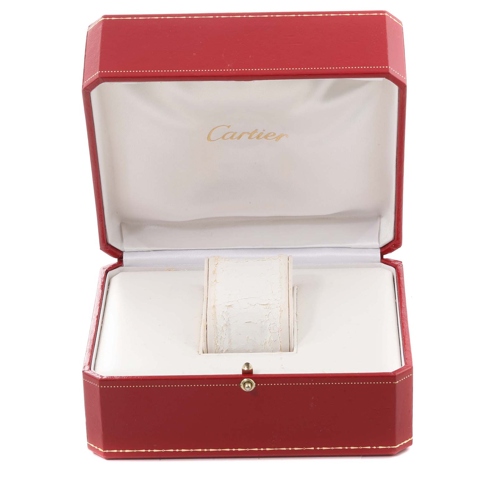 The image shows an open Cartier box for a Ronde model watch, displaying a white watch cushion inside.