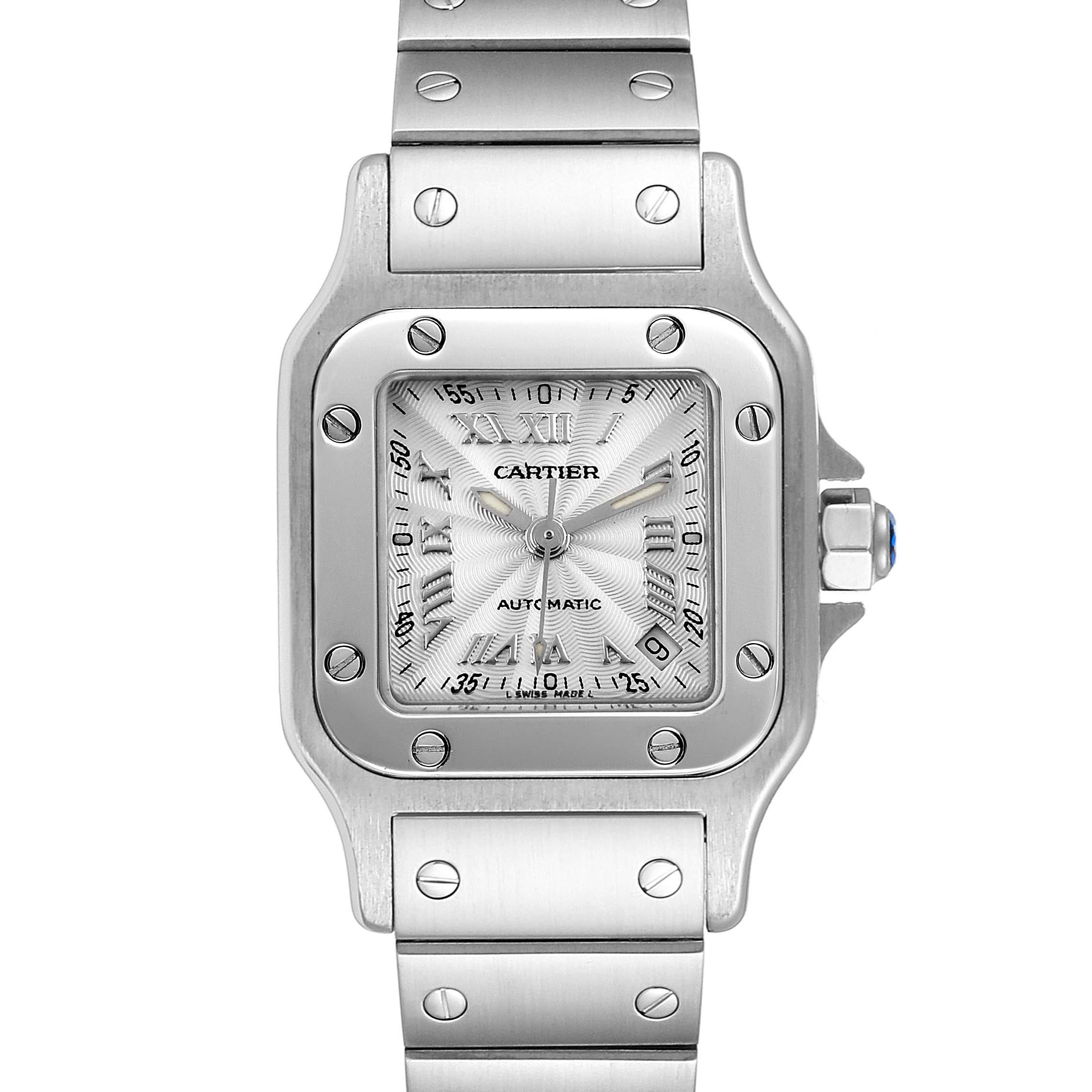 This image shows a front view of the Santos model by Cartier, highlighting the dial and bracelet.