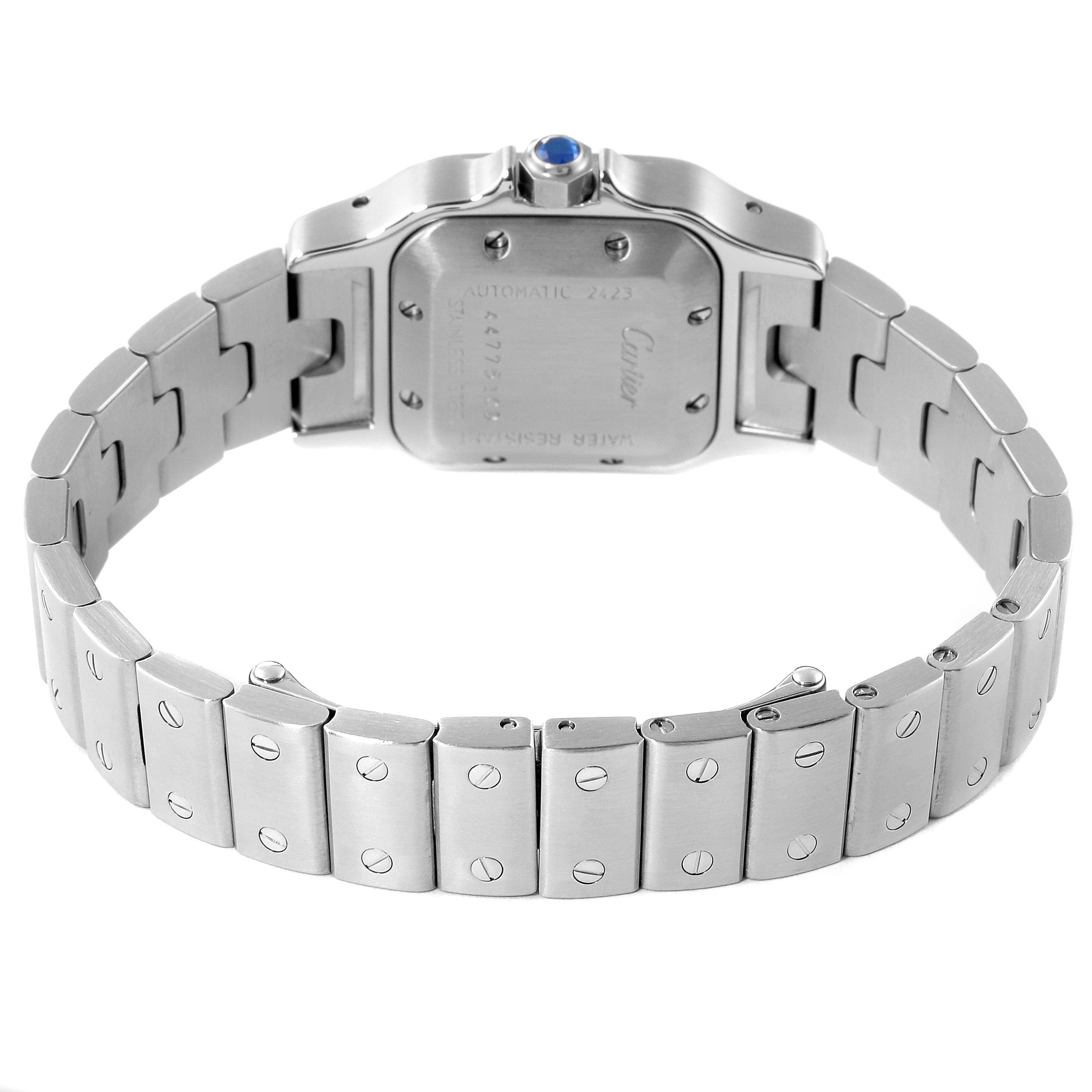 The image shows the back view of a Cartier Santos W20044D6 Women's Stainless Steel Silver Dial W20044D6 Women's Stainless Steel Silver Dial watch, emphasizing the case back and metal bracelet links.