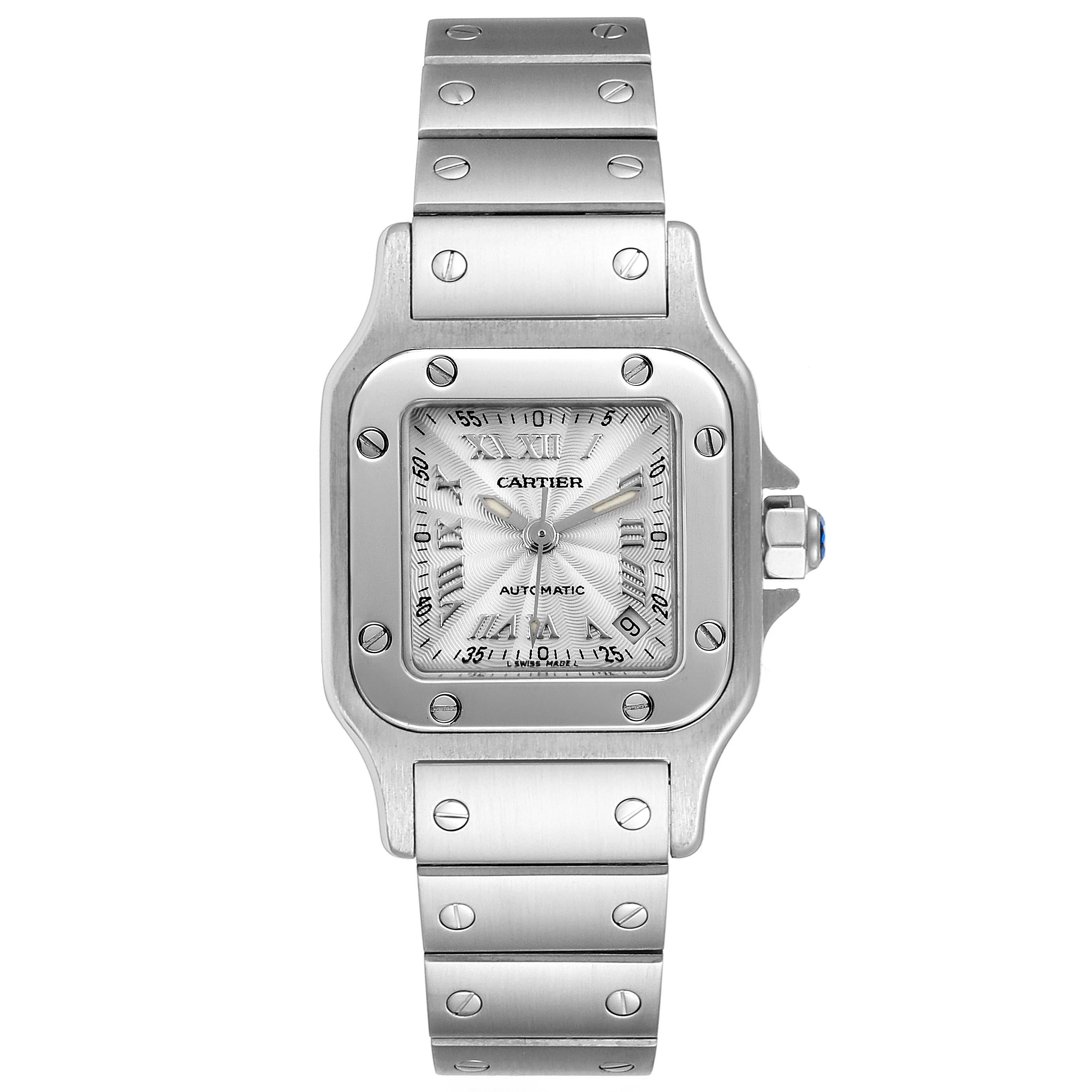 The Santos model by Cartier is shown from a front angle, displaying the face, bezel, and bracelet.