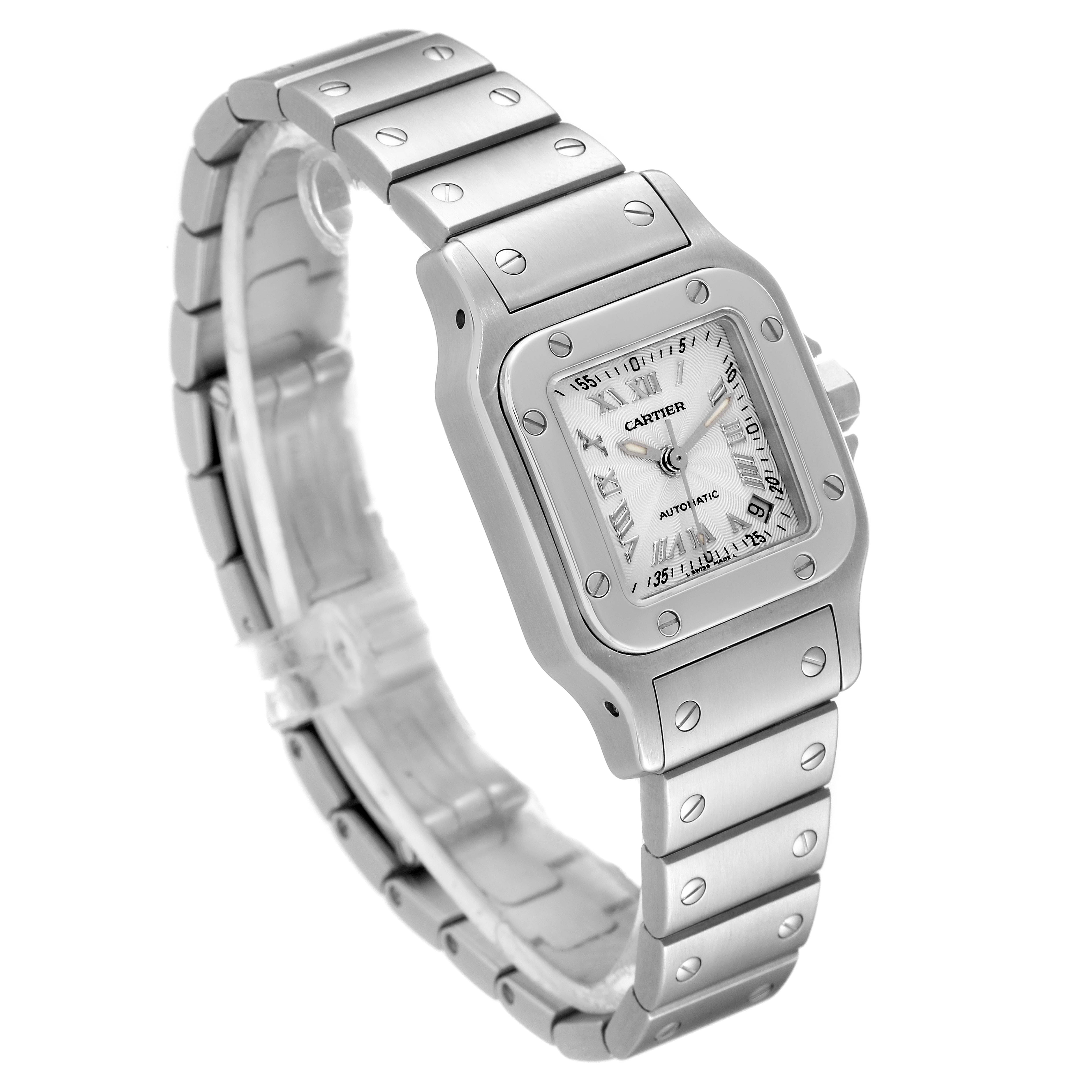 The watch, a Santos model by Cartier, is shown at a slight angle highlighting its face, bezel, and metal bracelet.