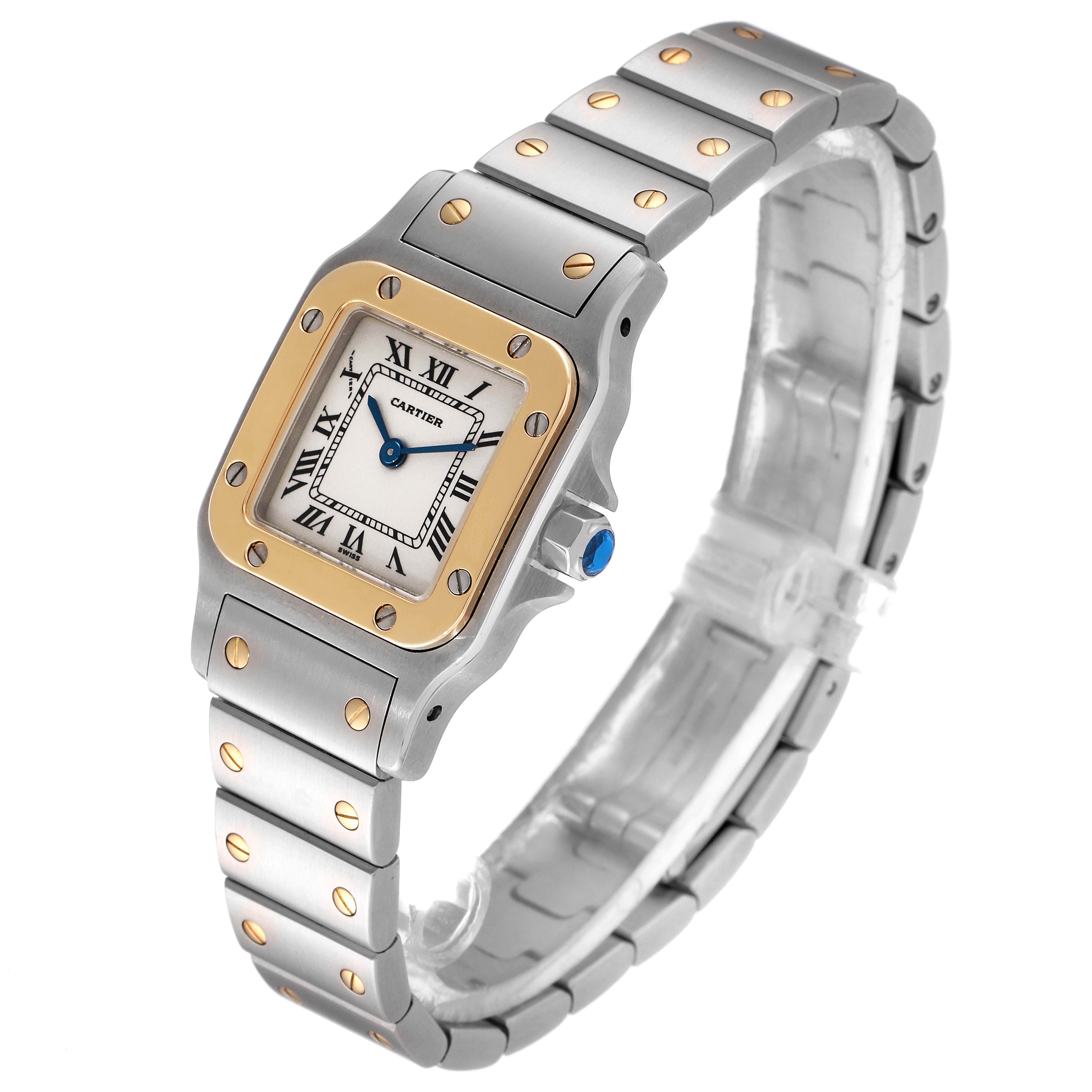 This image shows a Cartier Santos W20012C4 Women's Steel and Gold (two tone) Silver Dial W20012C4 Women's Steel and Gold (two tone) Silver Dial watch at a slight angle, displaying the face, bezel, and partial bracelet.