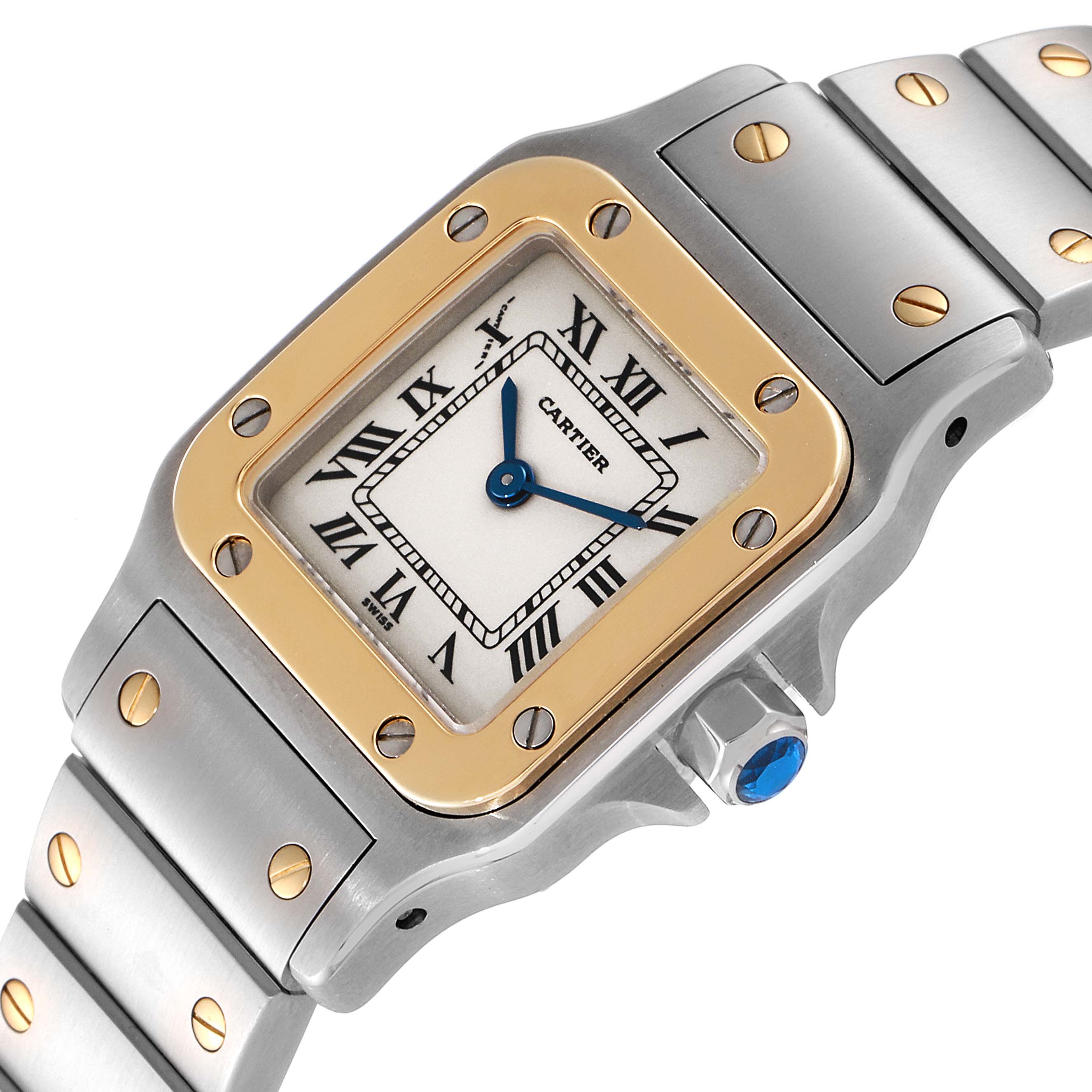 This image shows a Cartier Santos W20012C4 Women's Steel and Gold (two tone) Silver Dial W20012C4 Women's Steel and Gold (two tone) Silver Dial model watch from a three-quarter angle, highlighting the face, bezel, and part of the bracelet.