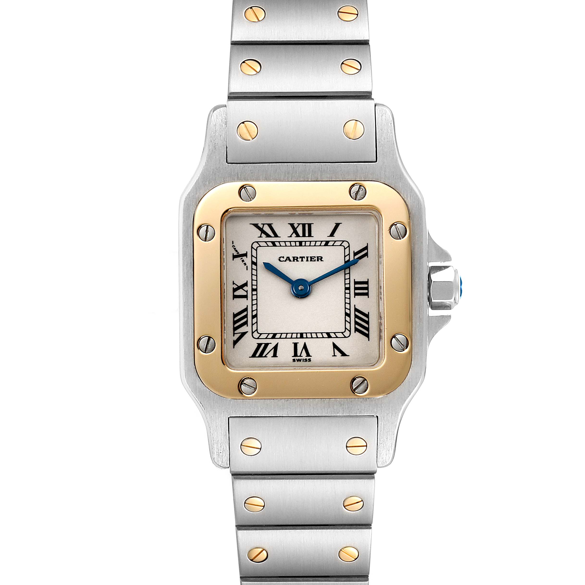 This image shows a frontal view of a Cartier Santos W20012C4 Women's Steel and Gold (two tone) Silver Dial W20012C4 Women's Steel and Gold (two tone) Silver Dial watch, highlighting its square face, gold bezel, and metal bracelet with gold screws.