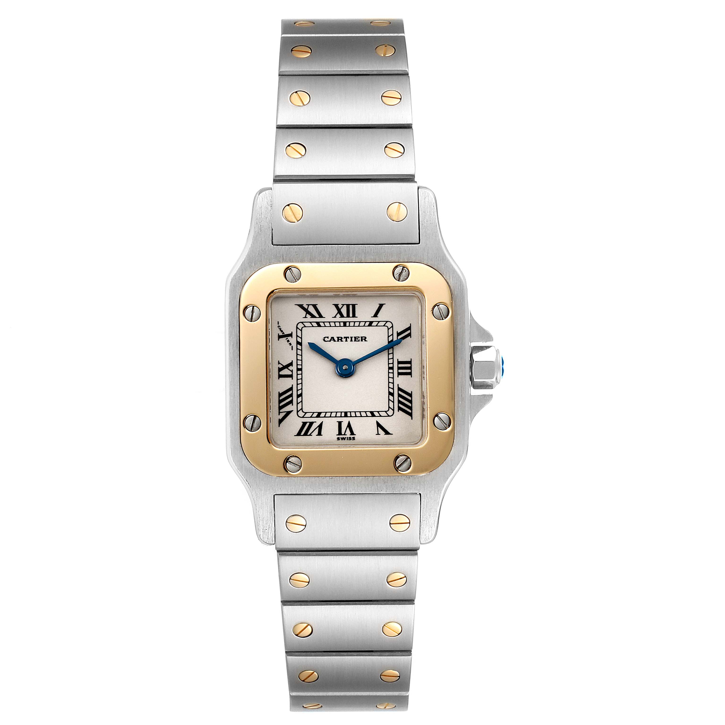 This image shows a frontal view of a Santos model by Cartier, highlighting its face, bezel, and strap.