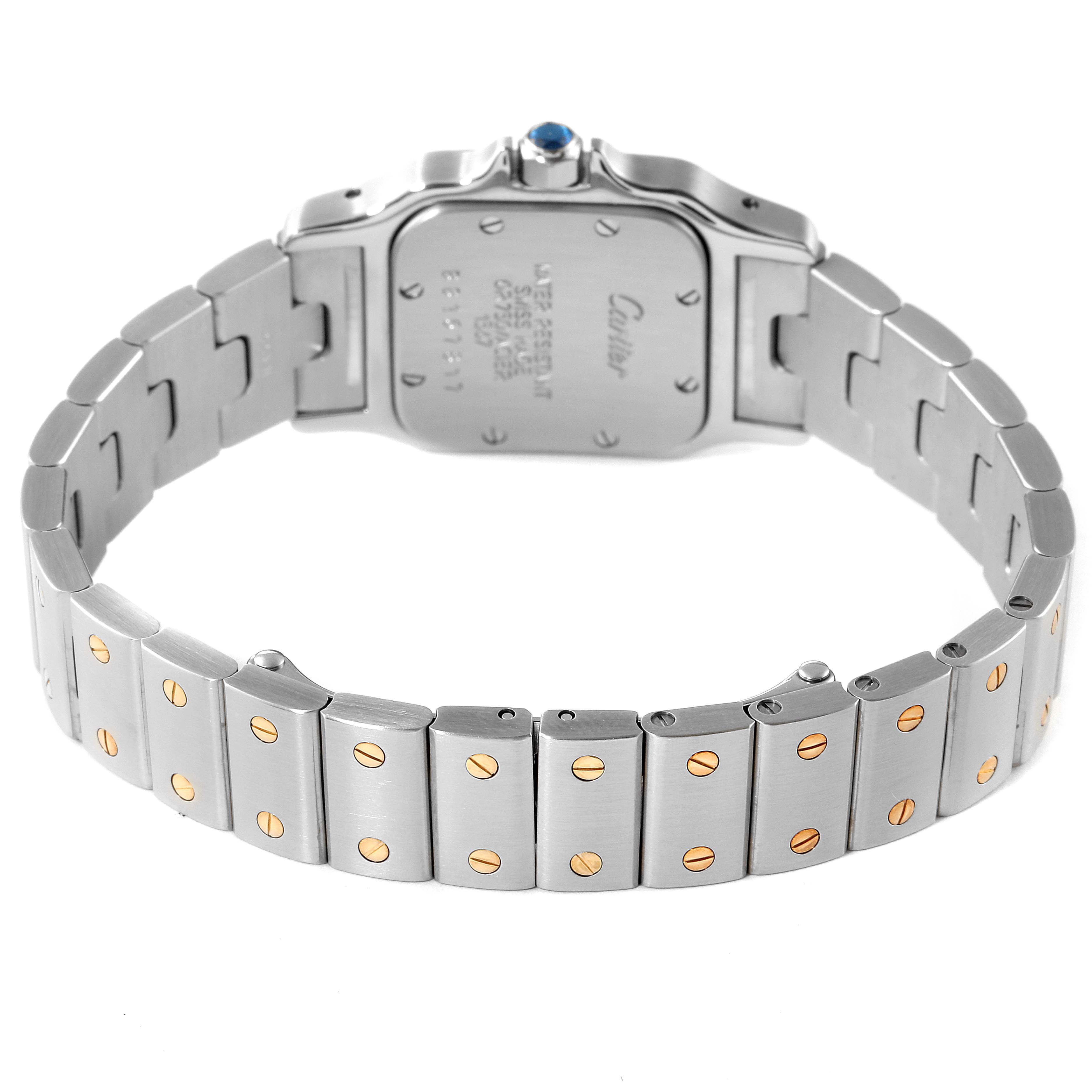 This image shows the back view of a Cartier Santos W20012C4 Women's Steel and Gold (two tone) Silver Dial W20012C4 Women's Steel and Gold (two tone) Silver Dial watch, featuring its stainless steel bracelet with gold screws.