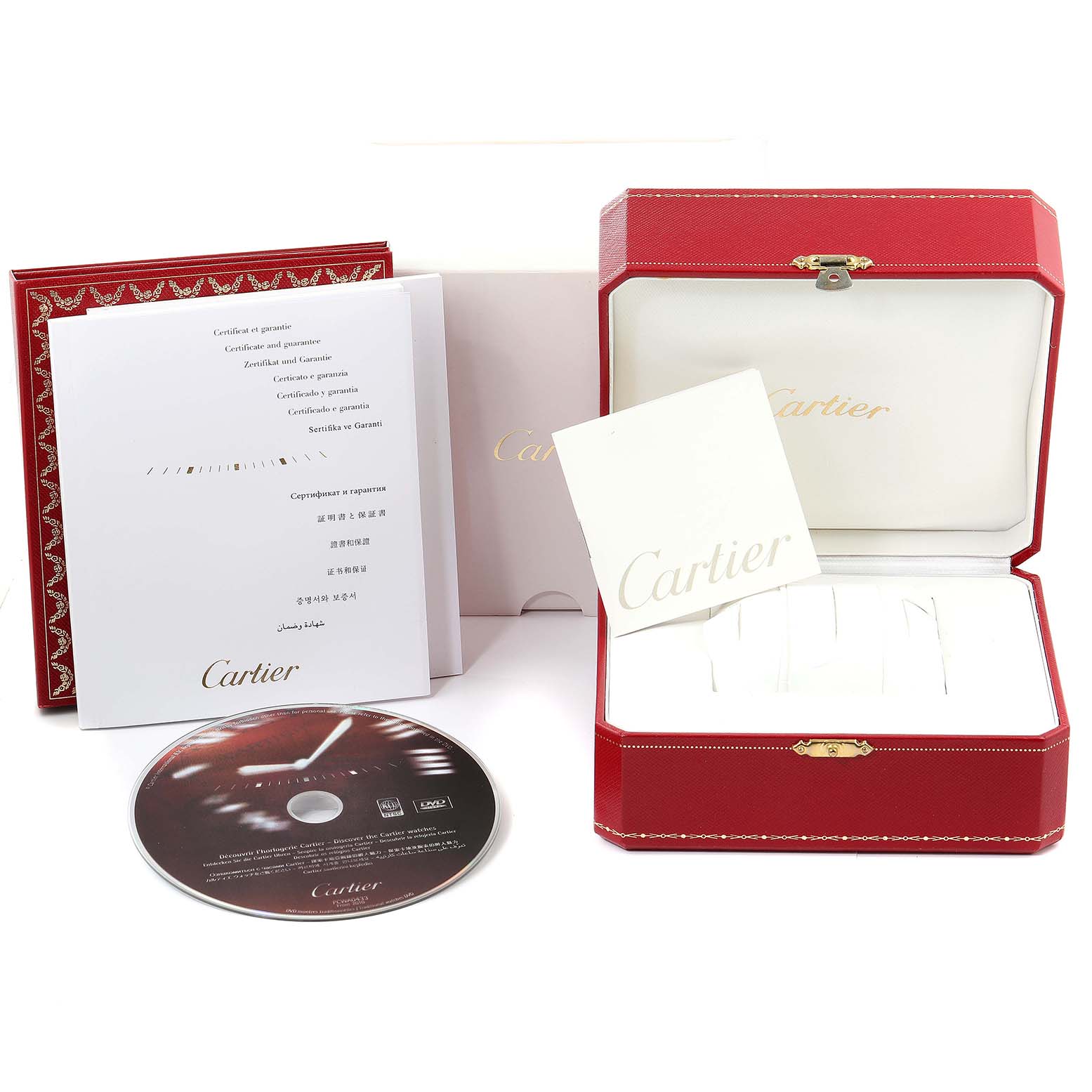 The image shows the packaging and accessories for the Santos model by Cartier, including a red watch box, manuals, and a CD.
